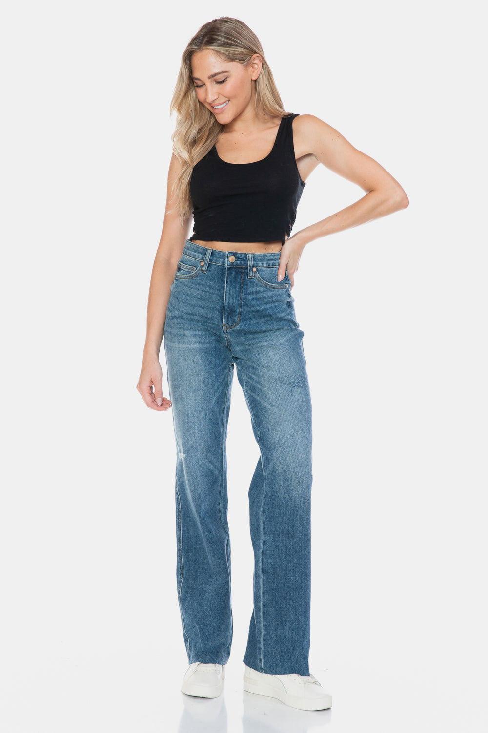 Judy Blue Full Size Tummy Control Cut Raw Hem Straight Jeans - Clothes For Her Online Store