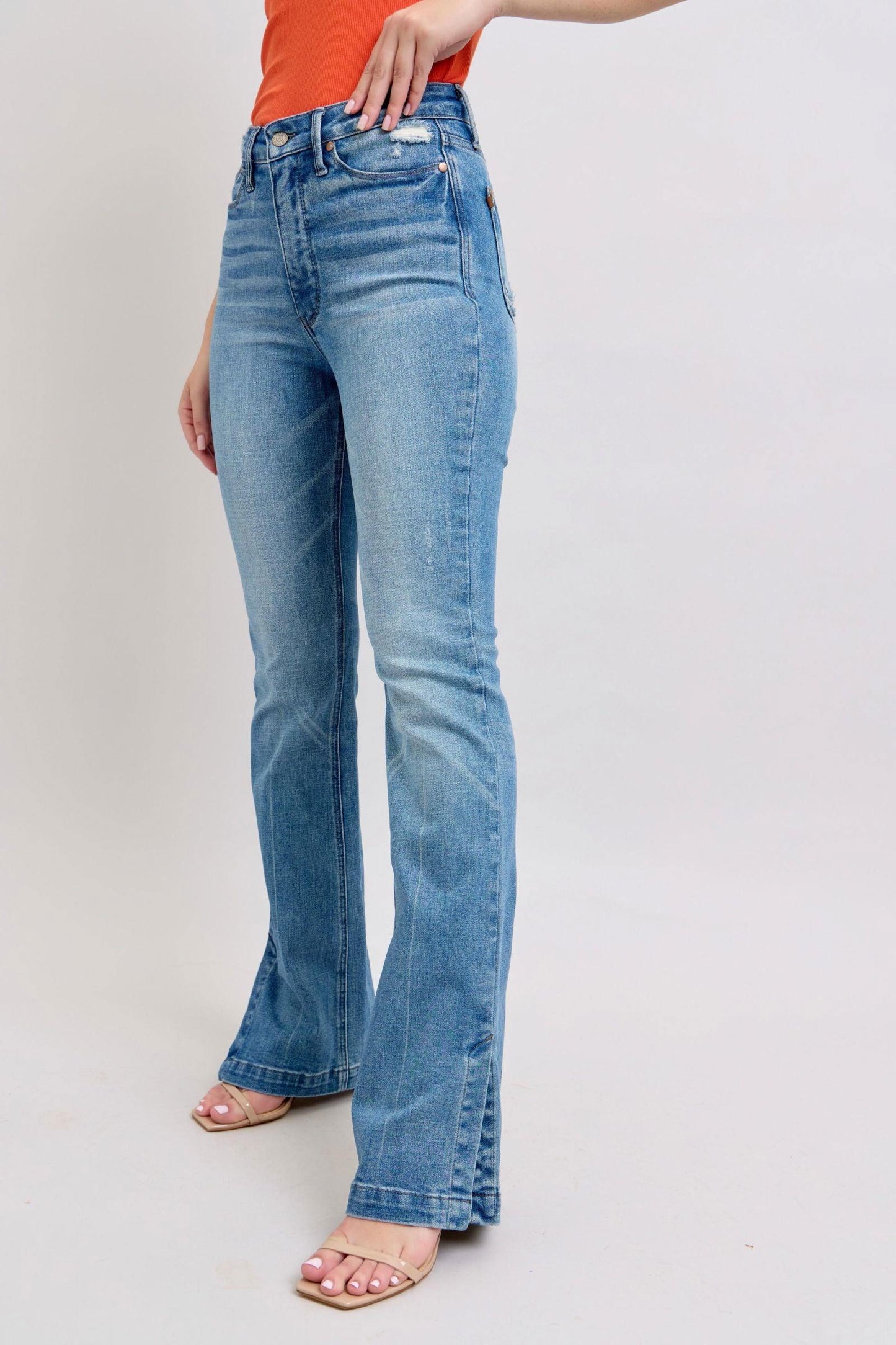 Judy Blue HW Tummy Control Vintage Wash Side Slit Slim Boot Jeans - Clothes For Her Online Store