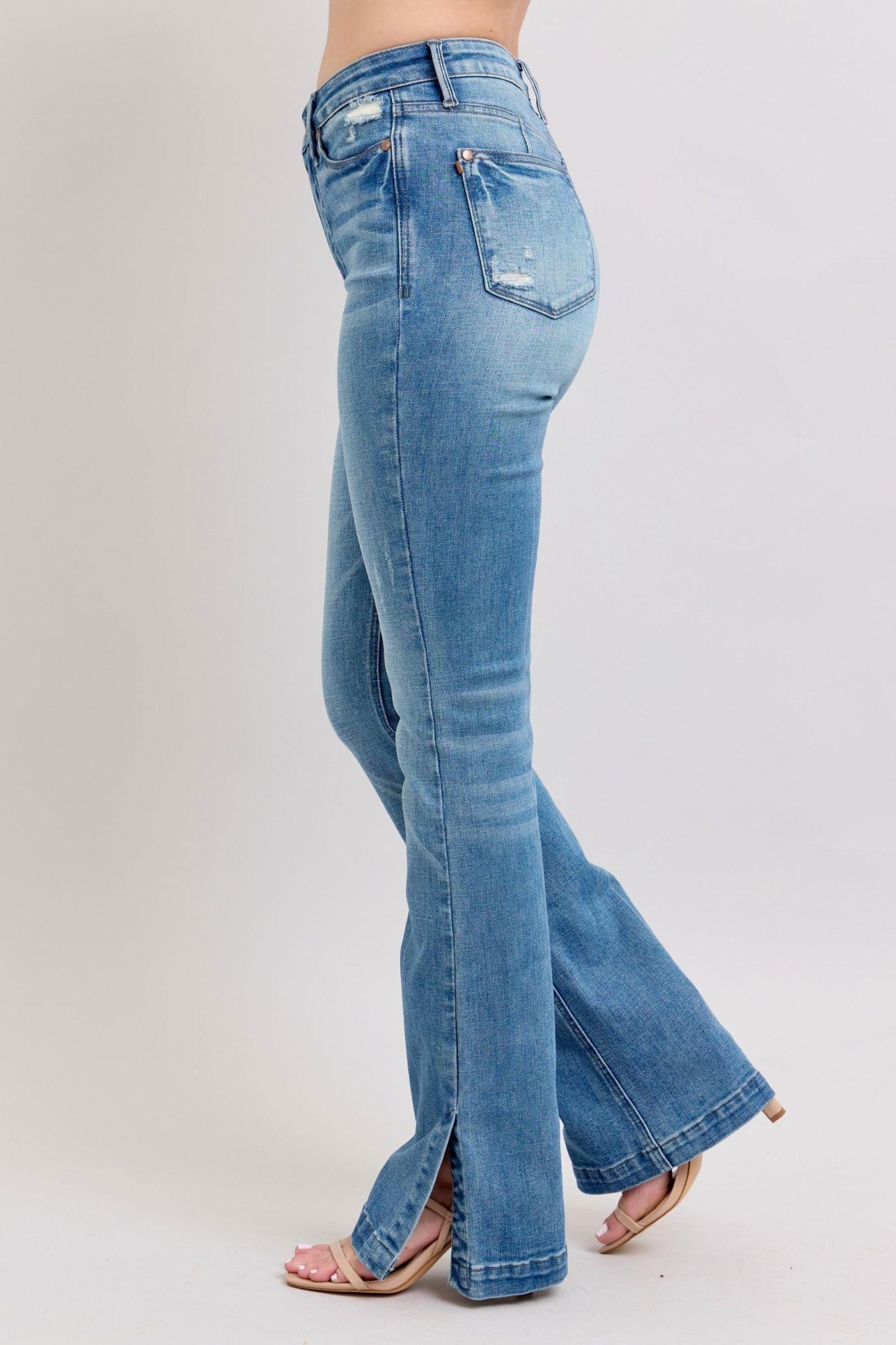 Judy Blue HW Tummy Control Vintage Wash Side Slit Slim Boot Jeans - Clothes For Her Online Store