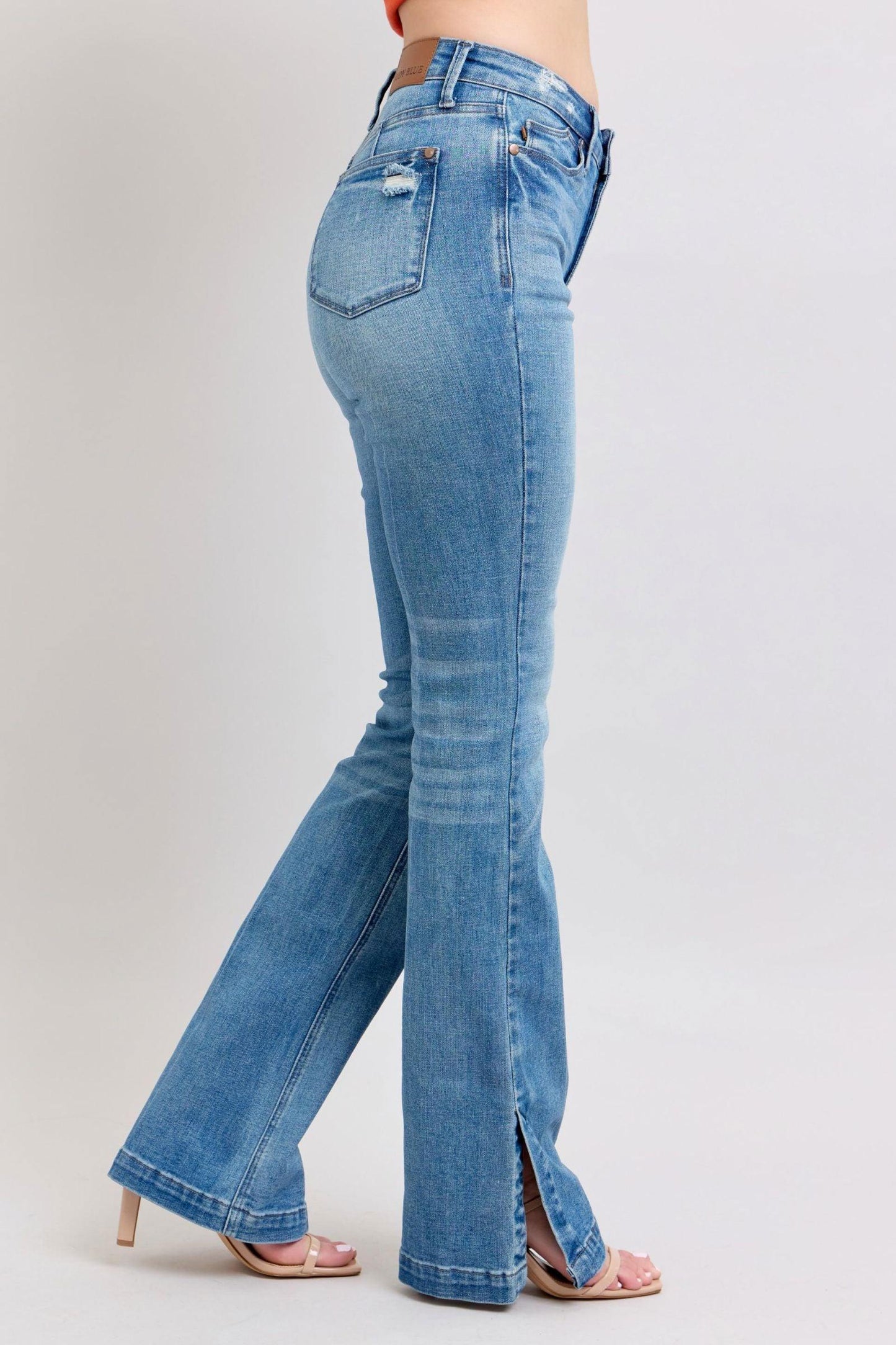 Judy Blue HW Tummy Control Vintage Wash Side Slit Slim Boot Jeans - Clothes For Her Online Store