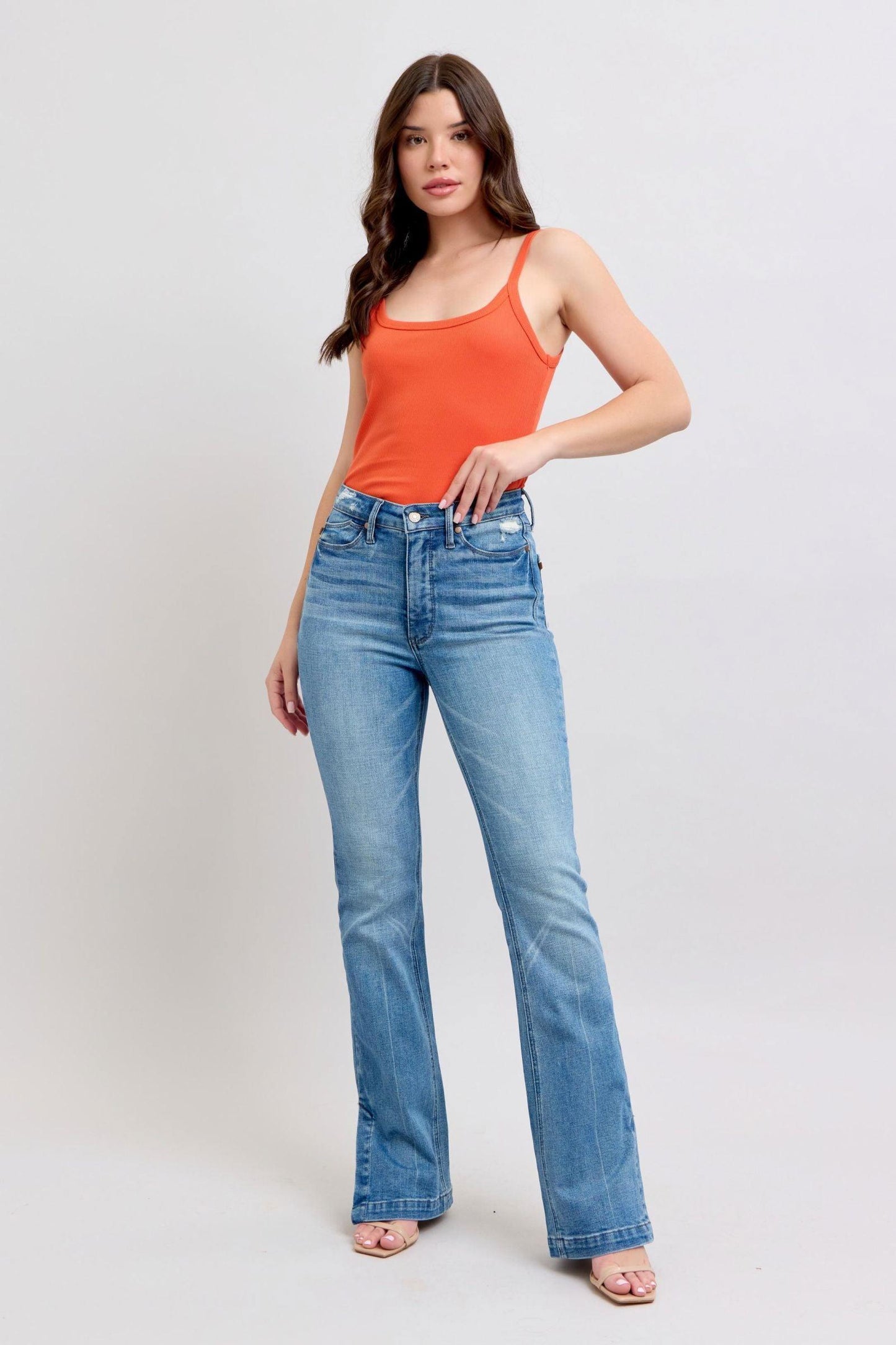 Judy Blue HW Tummy Control Vintage Wash Side Slit Slim Boot Jeans - Clothes For Her Online Store