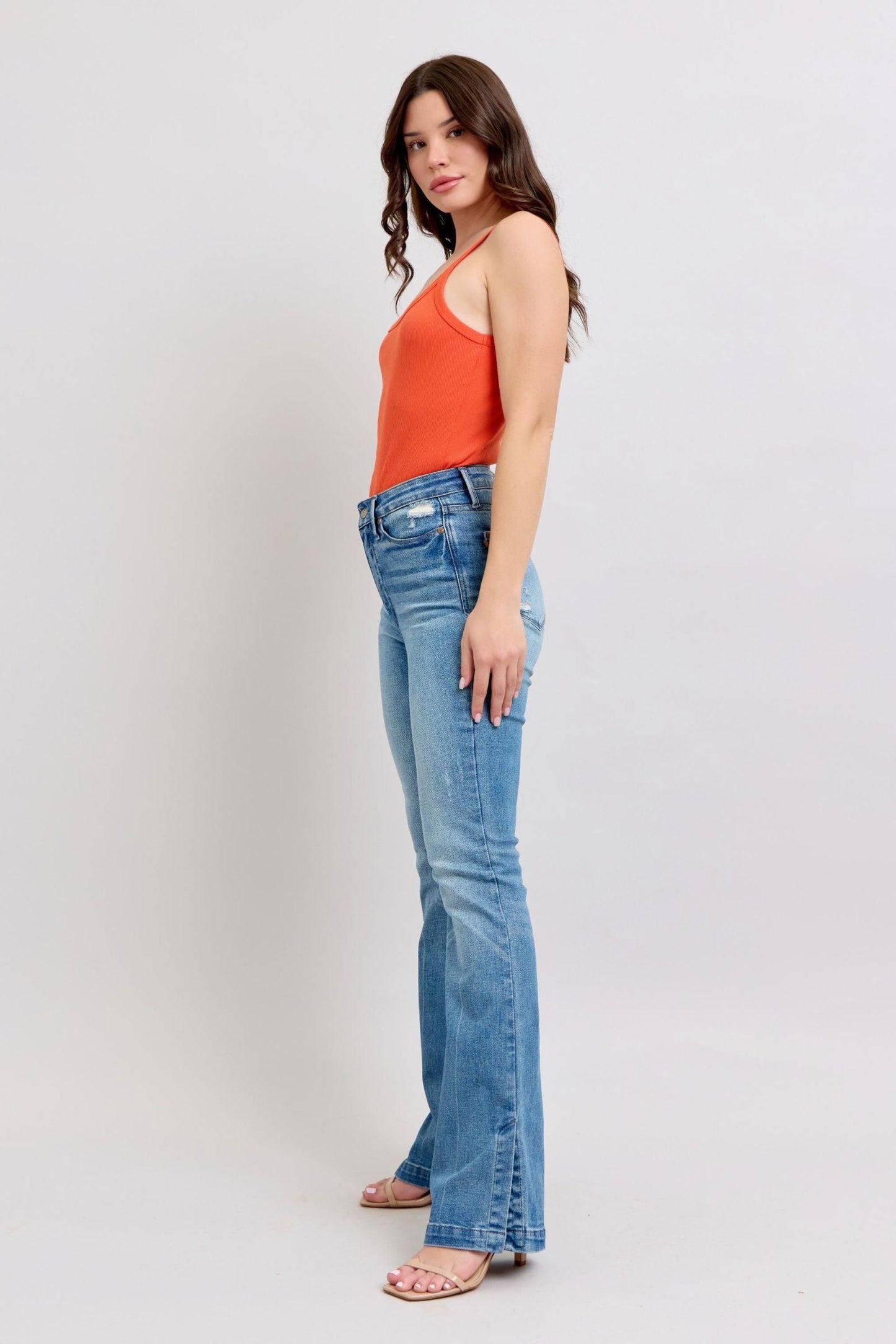 Judy Blue HW Tummy Control Vintage Wash Side Slit Slim Boot Jeans - Clothes For Her Online Store