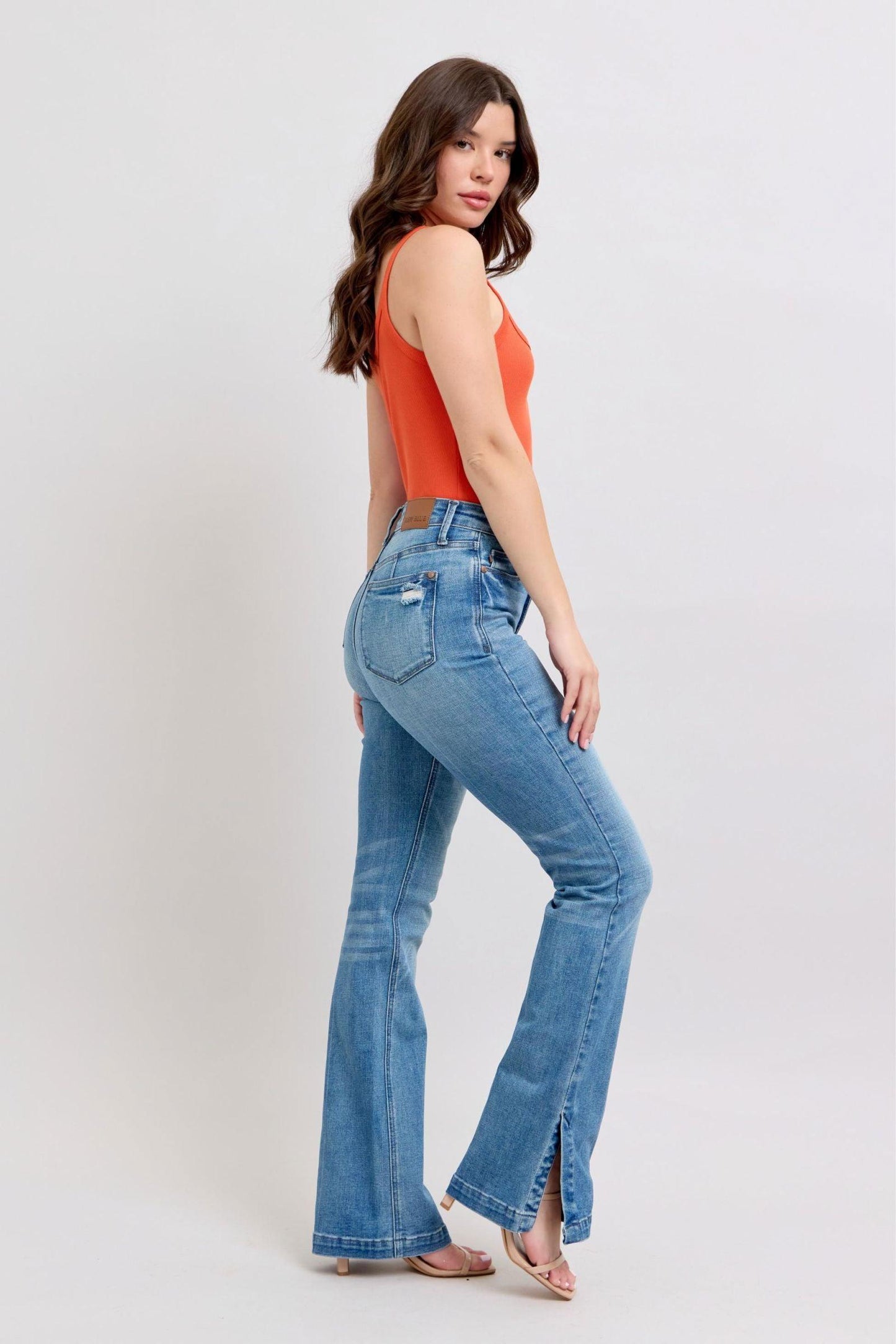 Judy Blue HW Tummy Control Vintage Wash Side Slit Slim Boot Jeans - Clothes For Her Online Store