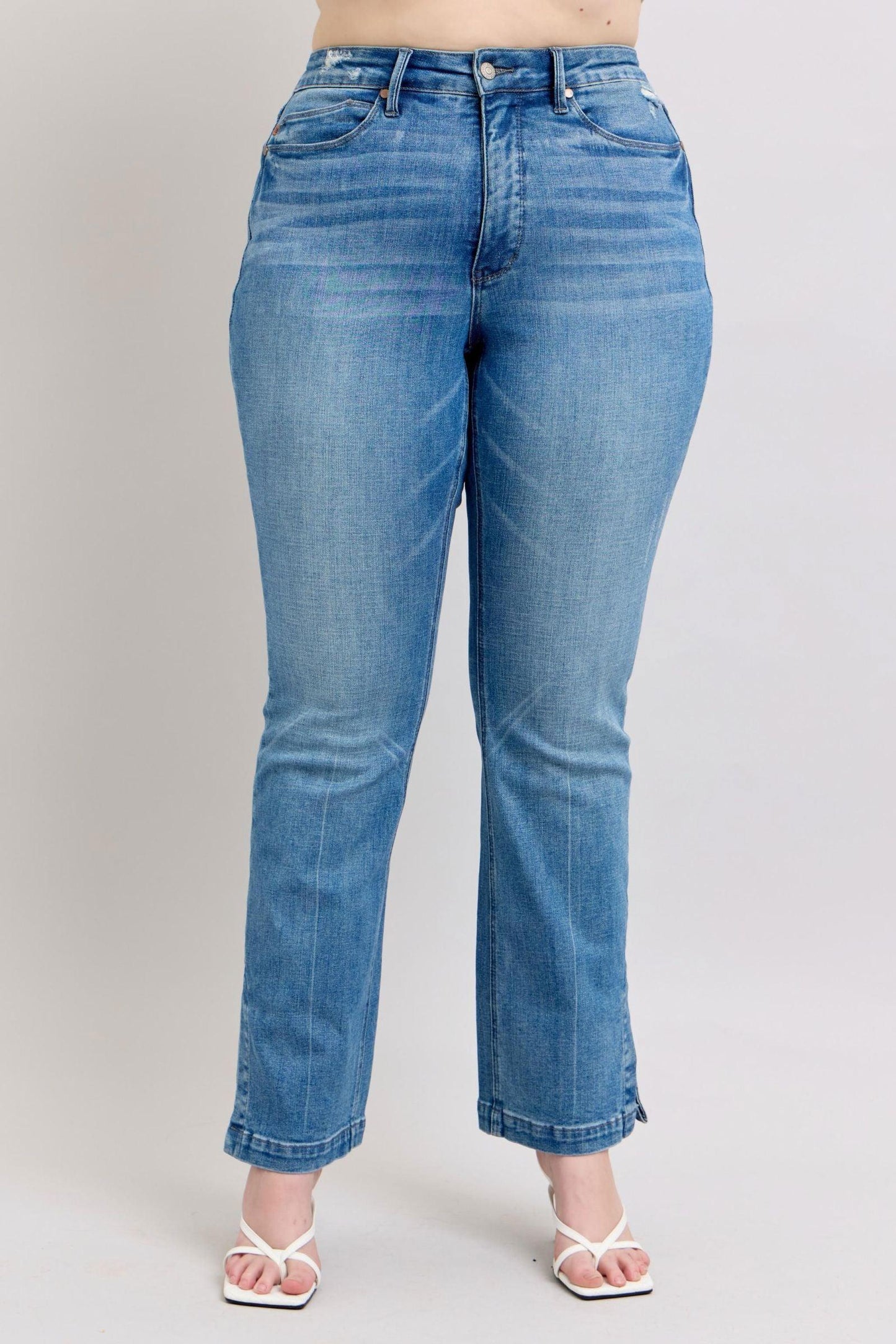 Judy Blue HW Tummy Control Vintage Wash Side Slit Slim Boot Jeans - Clothes For Her Online Store