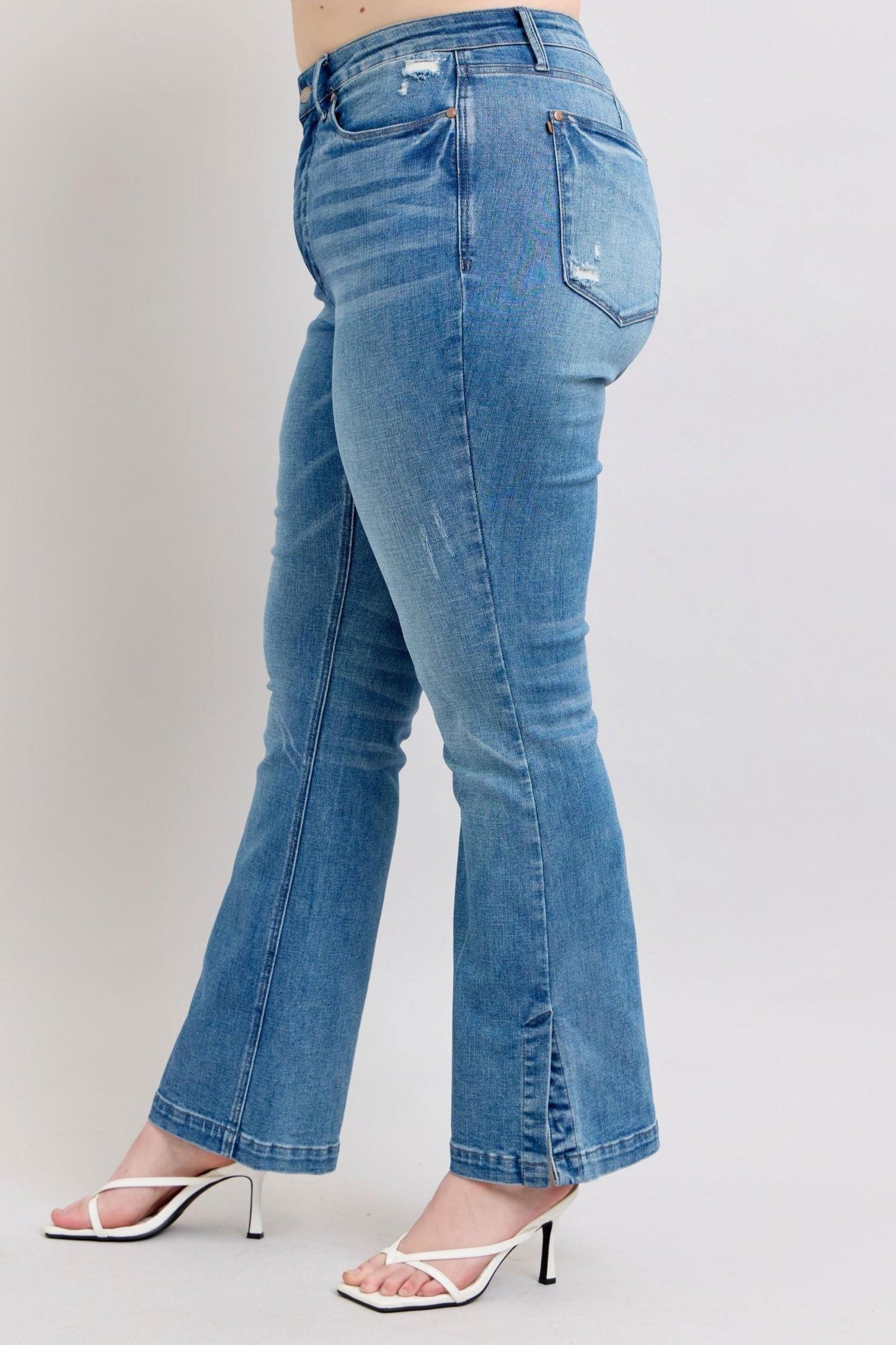 Judy Blue HW Tummy Control Vintage Wash Side Slit Slim Boot Jeans - Clothes For Her Online Store