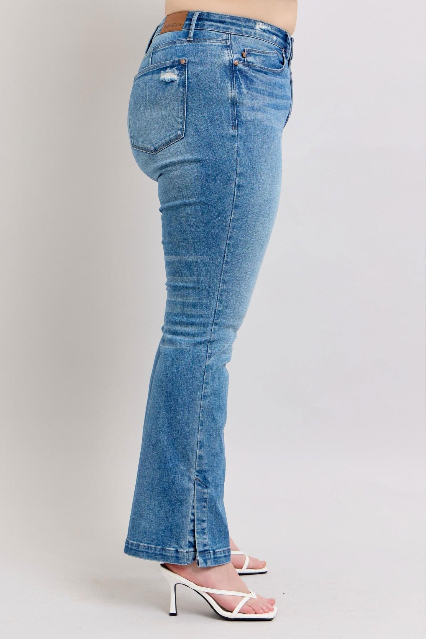 Judy Blue HW Tummy Control Vintage Wash Side Slit Slim Boot Jeans - Clothes For Her Online Store