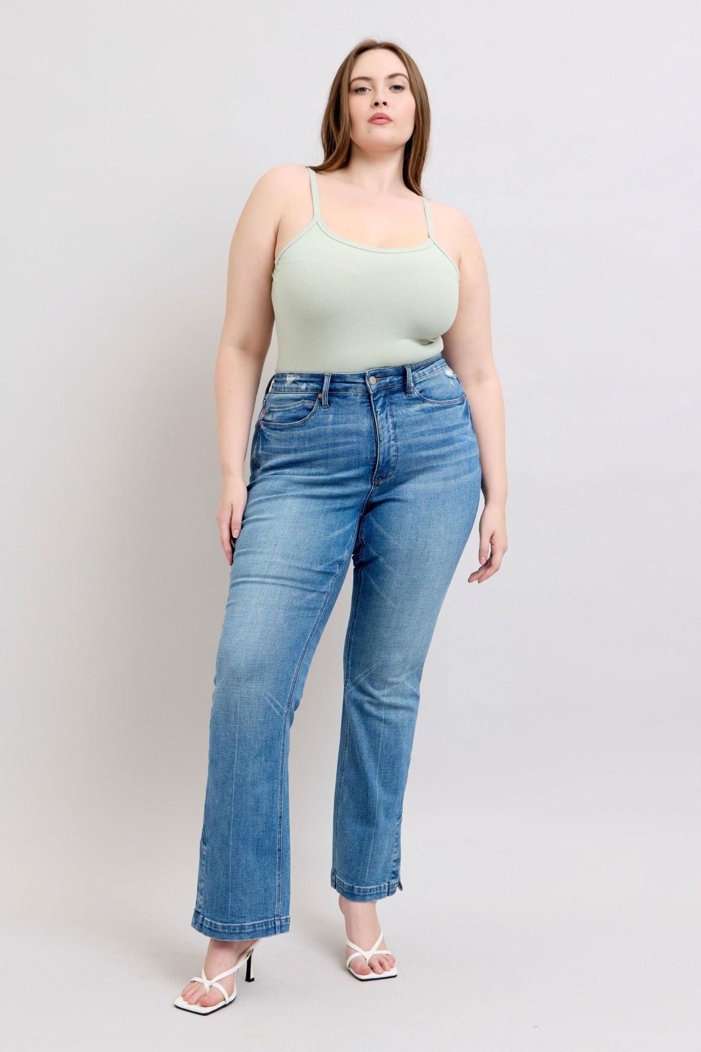 Judy Blue HW Tummy Control Vintage Wash Side Slit Slim Boot Jeans - Clothes For Her Online Store