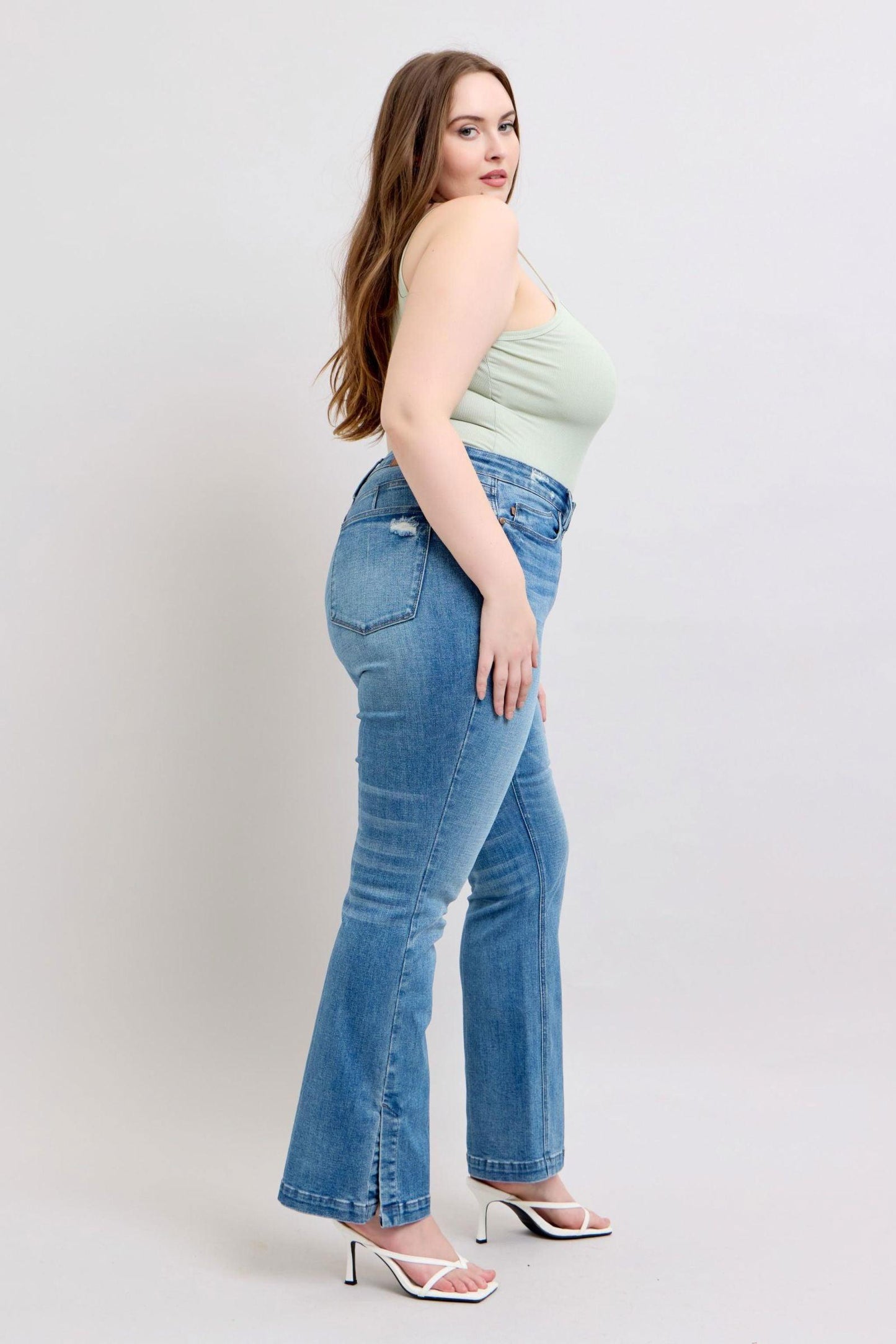 Judy Blue HW Tummy Control Vintage Wash Side Slit Slim Boot Jeans - Clothes For Her Online Store