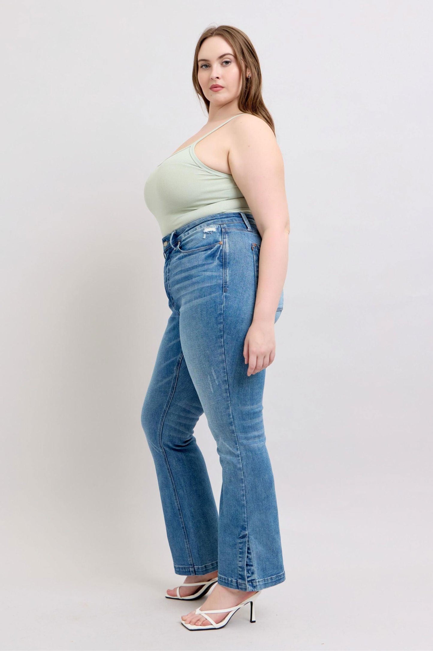 Judy Blue HW Tummy Control Vintage Wash Side Slit Slim Boot Jeans - Clothes For Her Online Store