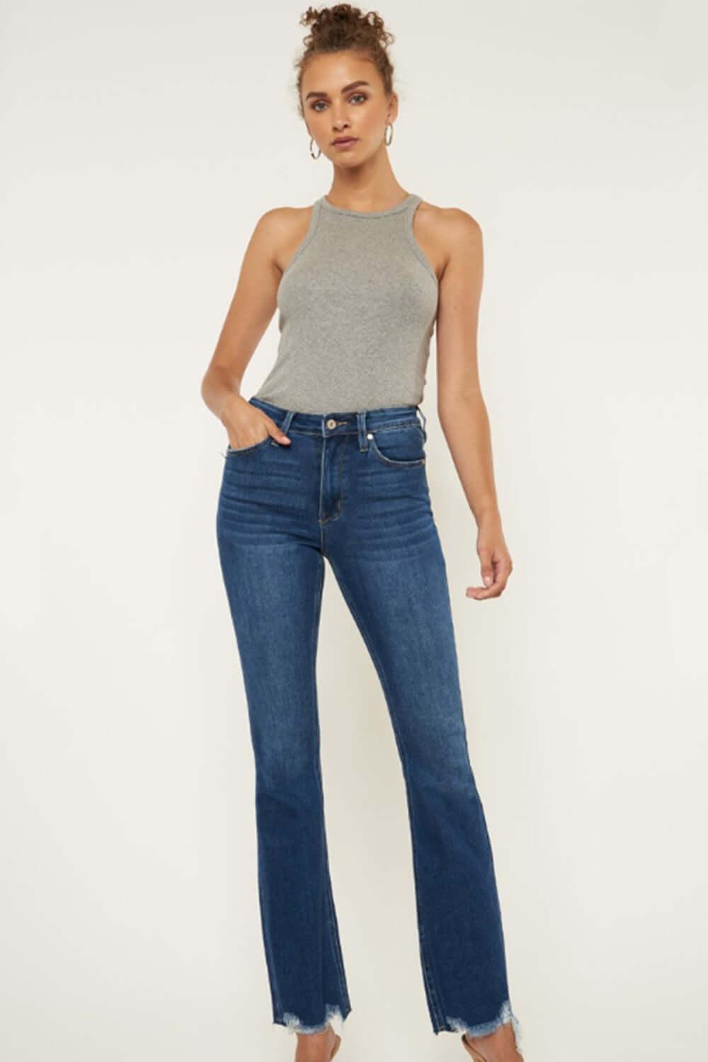 Kancan Cat's Whiskers Raw Hem Flare Jeans - Clothes For Her Online Store