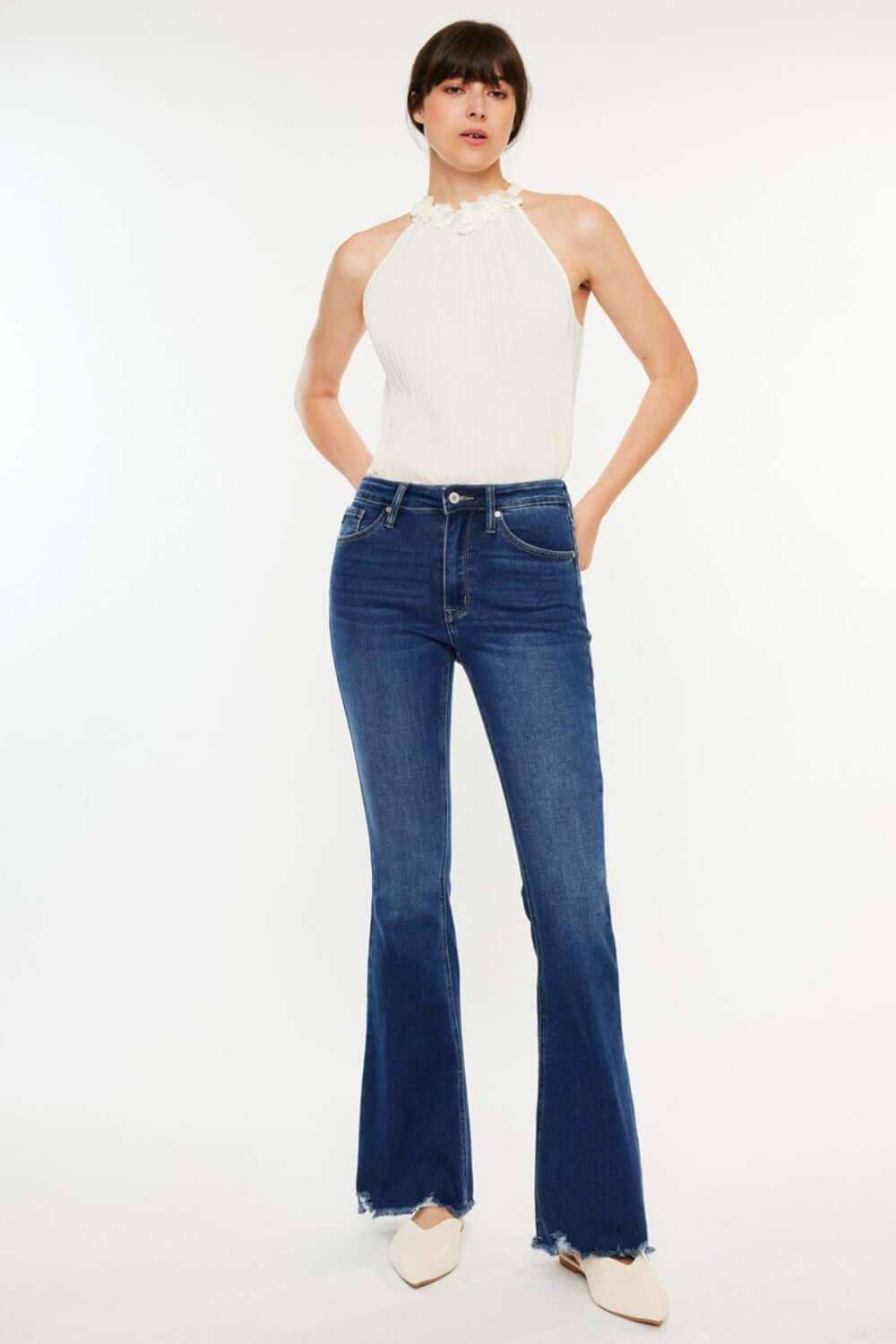Kancan Cat's Whiskers Raw Hem Flare Jeans - Clothes For Her Online Store