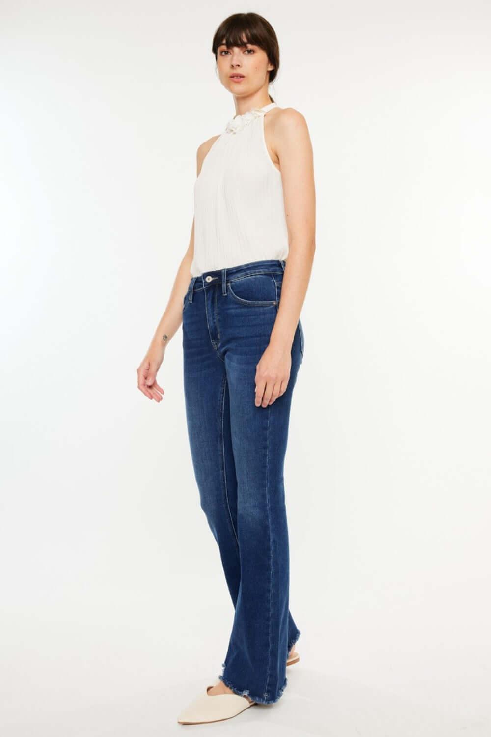 Kancan Cat's Whiskers Raw Hem Flare Jeans - Clothes For Her Online Store