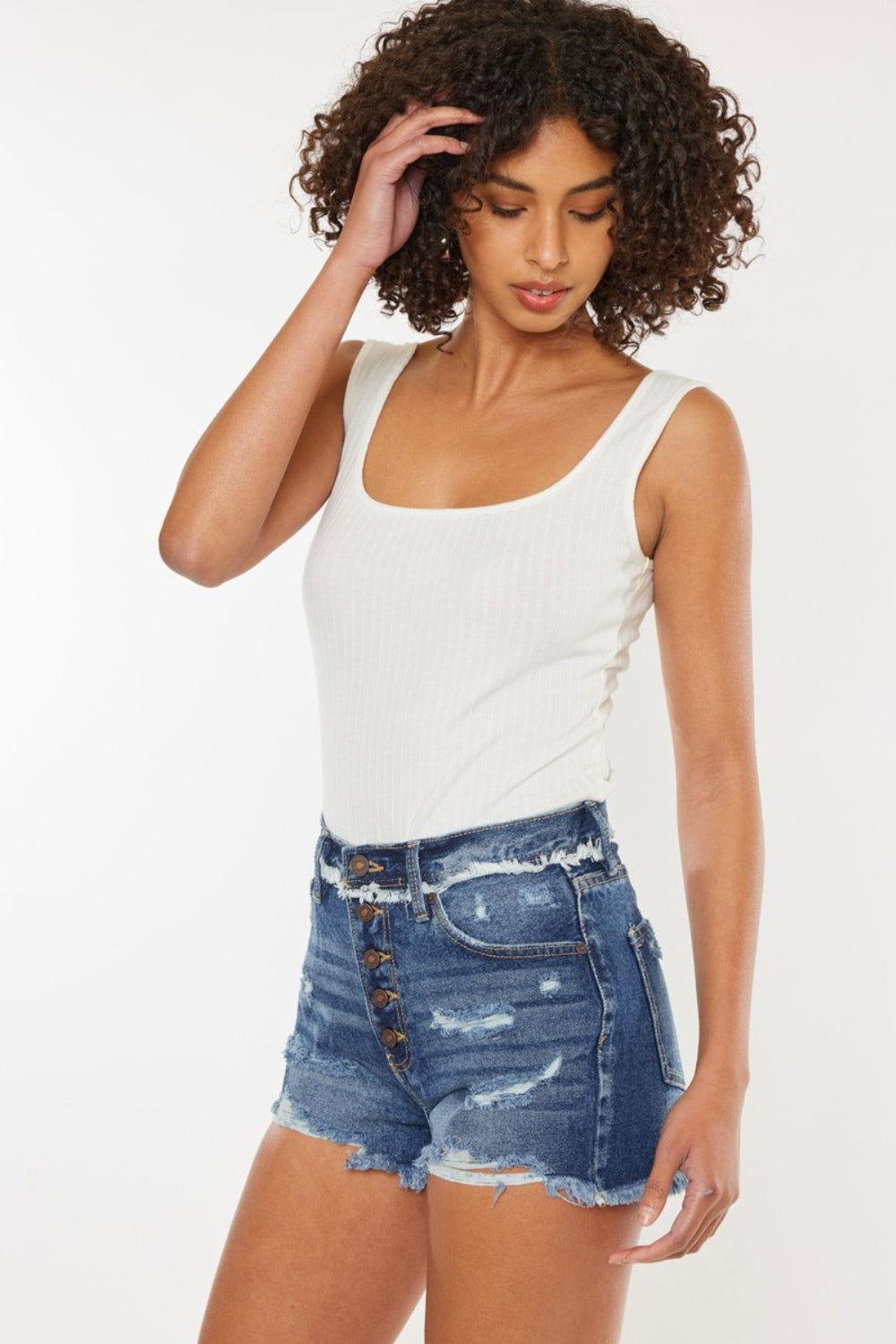 Kancan Distressed Button Fly Denim Shorts - Clothes For Her Online Store