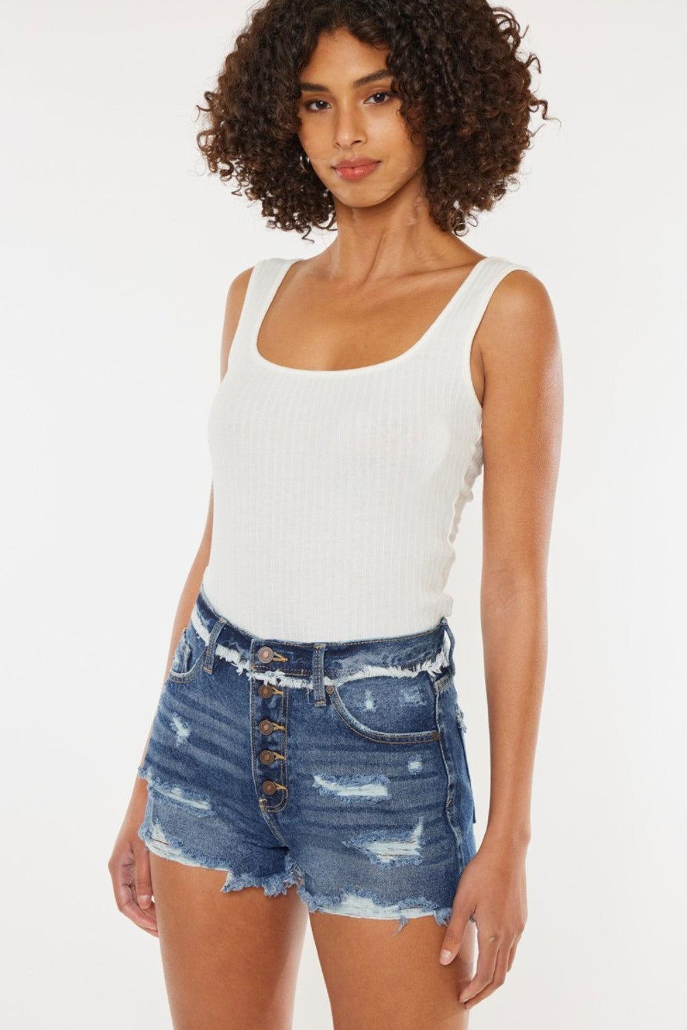 Kancan Distressed Button Fly Denim Shorts - Clothes For Her Online Store