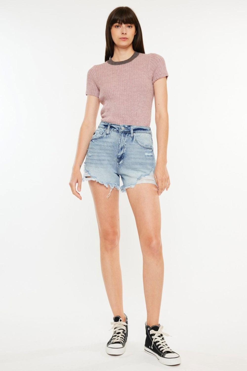 Kancan Distressed High Waist Denim Shorts with Pockets - Clothes For Her Online Store