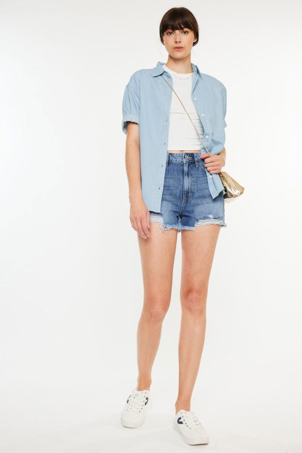 Kancan Distressed Raw Hem High Waist Denim Shorts - Clothes For Her Online Store