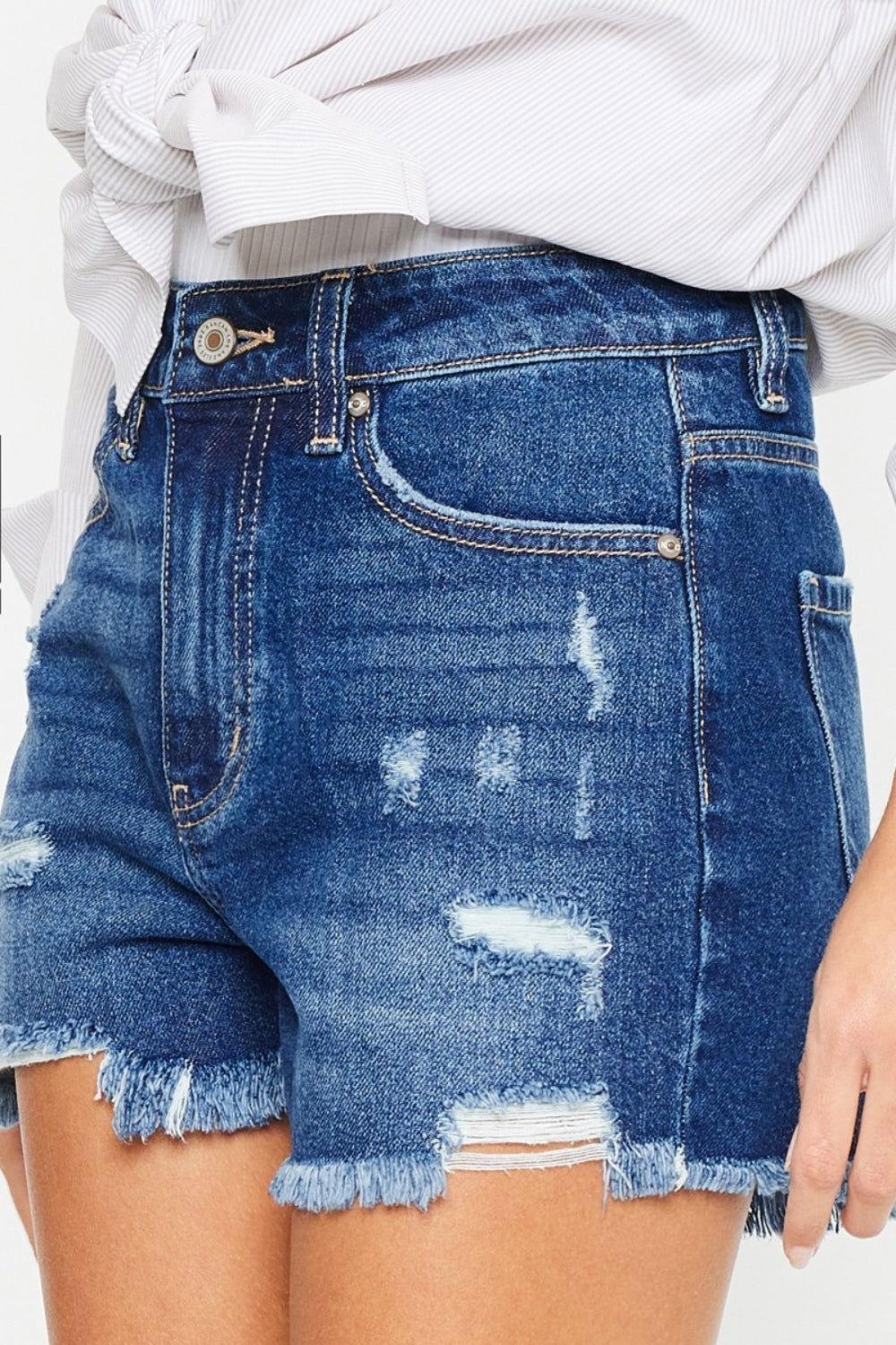 Kancan High Rise Frayed Hem Denim Shorts - Clothes For Her Online Store