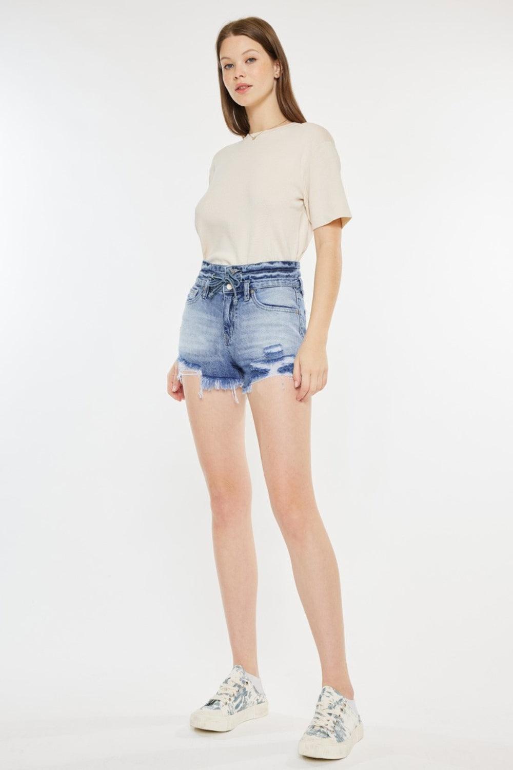 Kancan High Rise Frayed Hem Denim Shorts - Clothes For Her Online Store