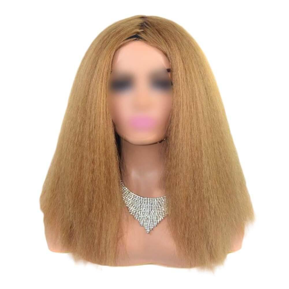 Khaki Afro Straight Bob Wigs Fluffy Synthetic Hair Yaki Straight Curly Medium Part Bang Full Wigs, 14Inch - Clothes For Her Online Store