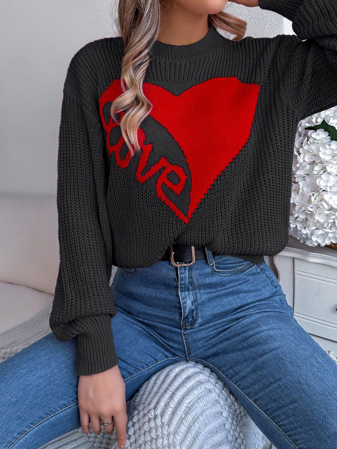 LOVE Heart Round Neck Dropped Shoulder Sweater - Clothes For Her Online Store