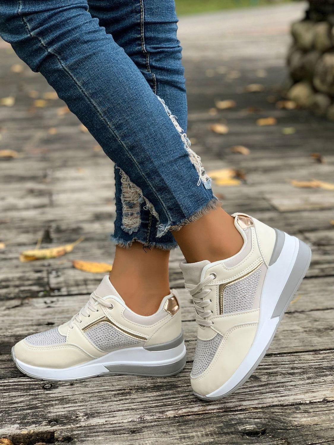 Lace-Up Rhinestone Wedge Sneakers - Clothes For Her Online Store