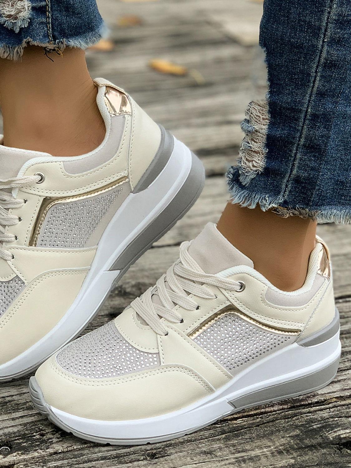 Lace-Up Rhinestone Wedge Sneakers - Clothes For Her Online Store