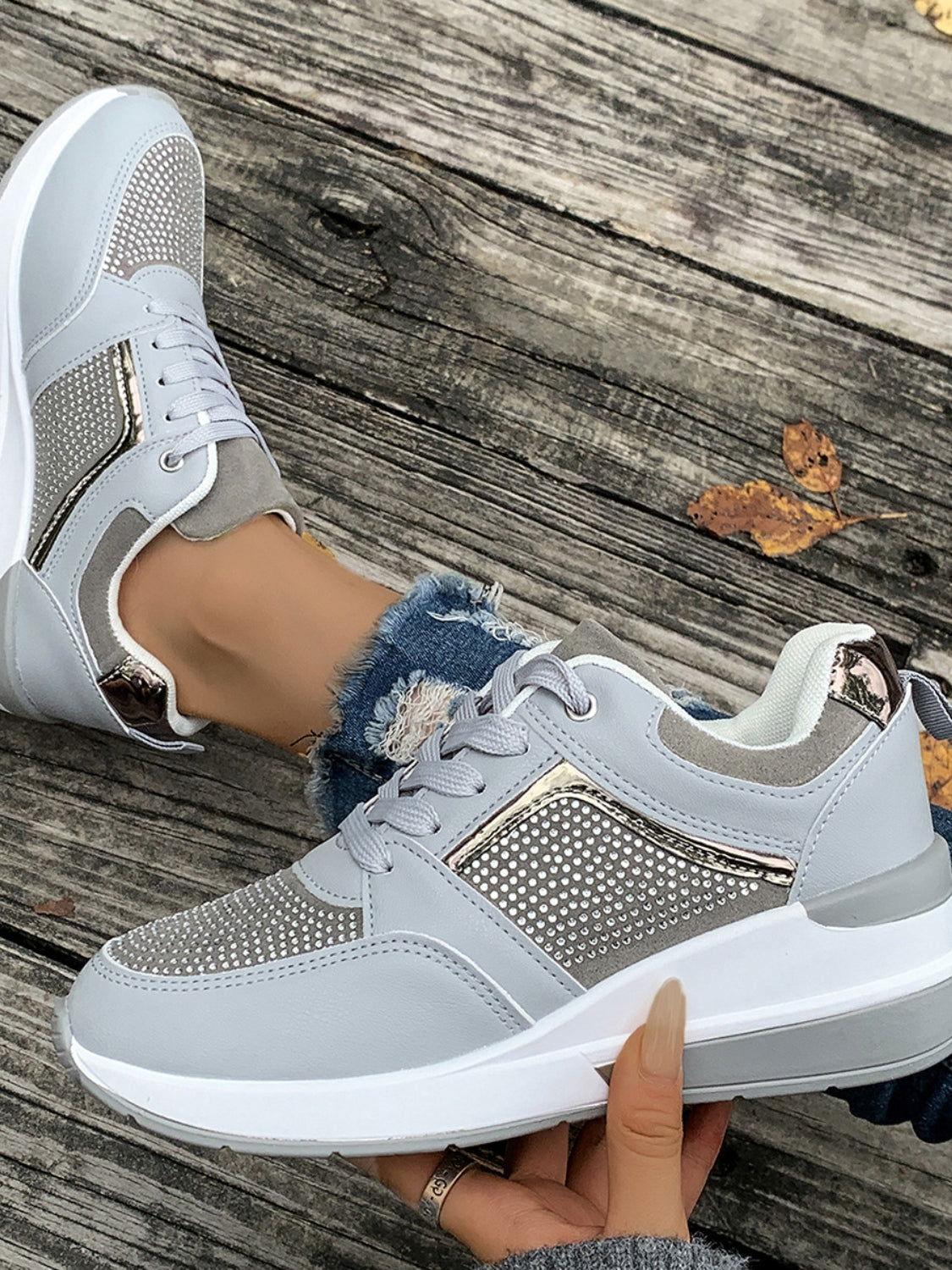 Lace-Up Rhinestone Wedge Sneakers - Clothes For Her Online Store