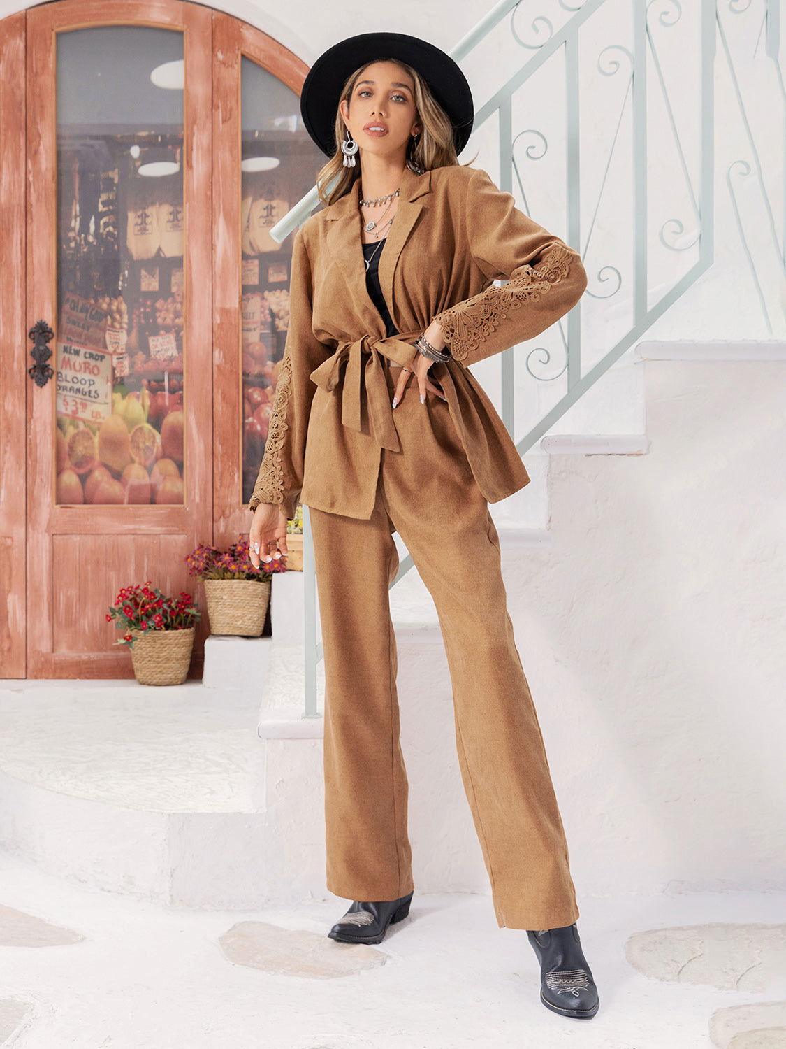 Lace Detail Collared Neck Top and Pants Set - Clothes For Her Online Store