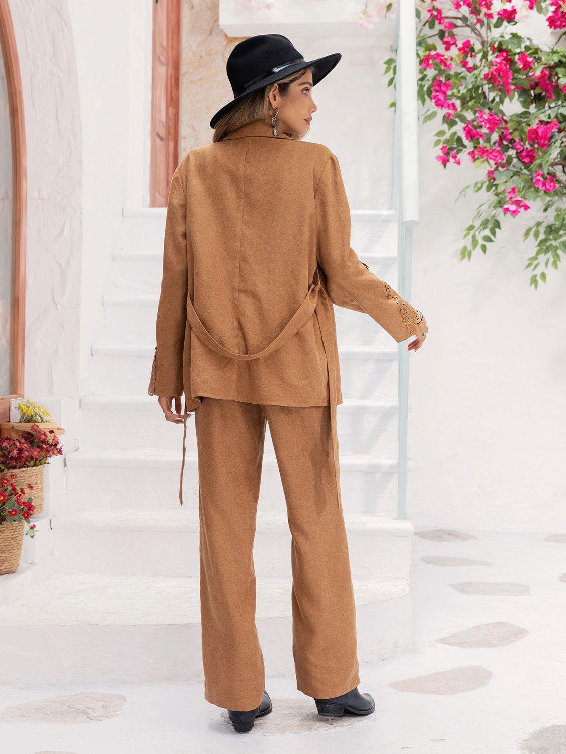 Lace Detail Collared Neck Top and Pants Set - Clothes For Her Online Store