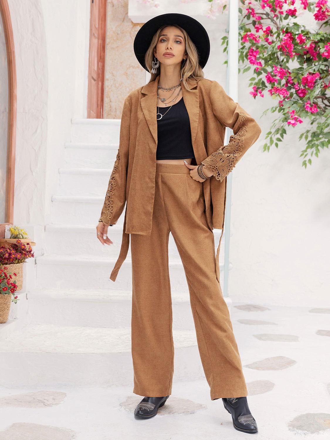 Lace Detail Collared Neck Top and Pants Set - Clothes For Her Online Store