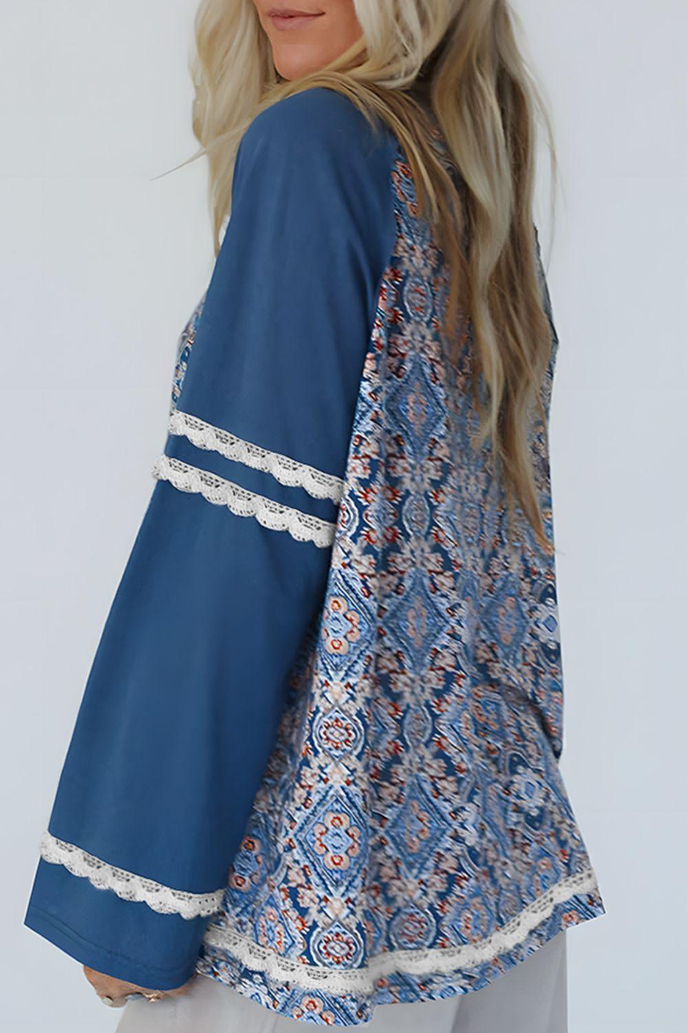 Lace Detail Geometric Round Neck Long Sleeve Top - Clothes For Her Online Store