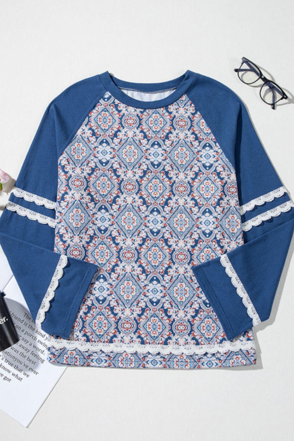 Lace Detail Geometric Round Neck Long Sleeve Top - Clothes For Her Online Store