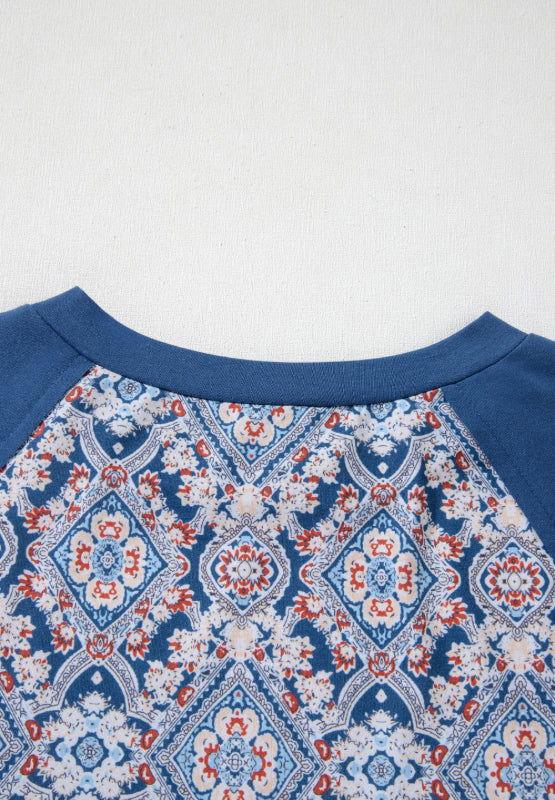 Lace Detail Geometric Round Neck Long Sleeve Top - Clothes For Her Online Store