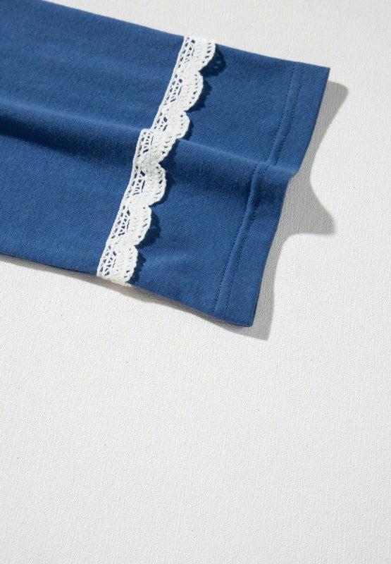 Lace Detail Geometric Round Neck Long Sleeve Top - Clothes For Her Online Store