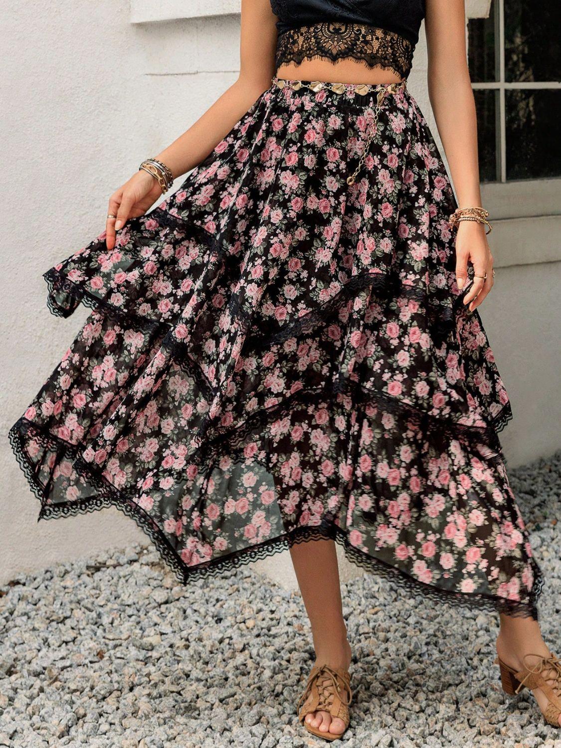Lace Detail Layered Printed Skirt - Clothes For Her Online Store
