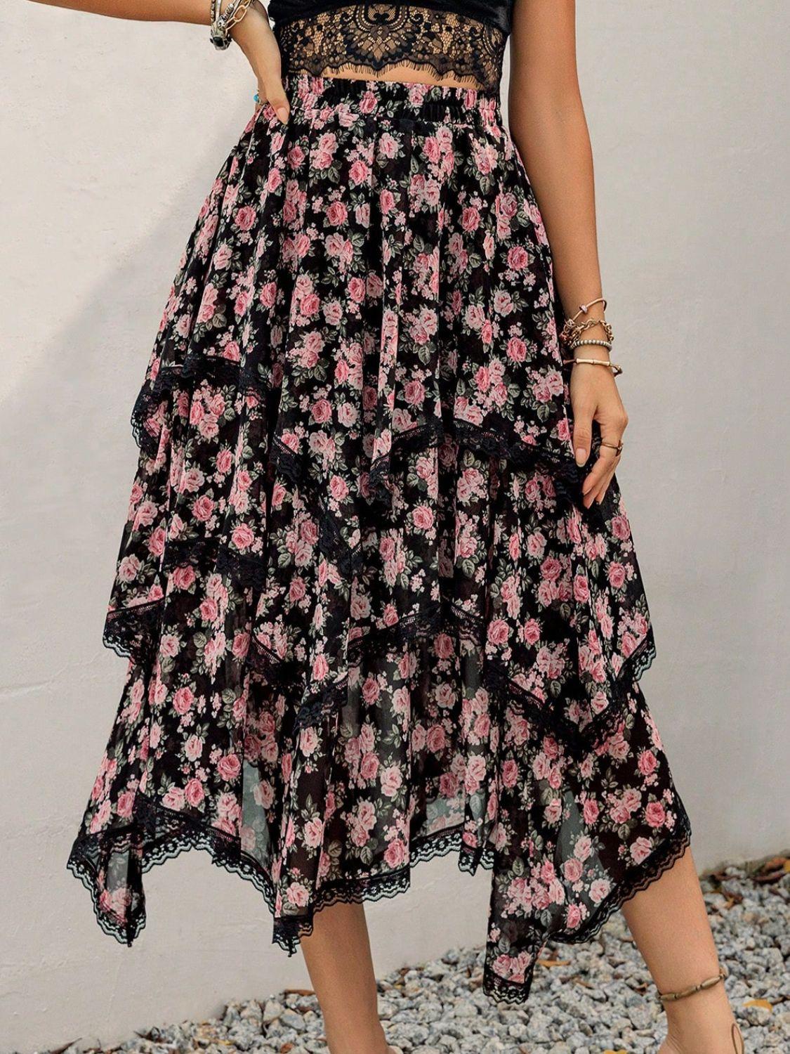 Lace Detail Layered Printed Skirt - Clothes For Her Online Store