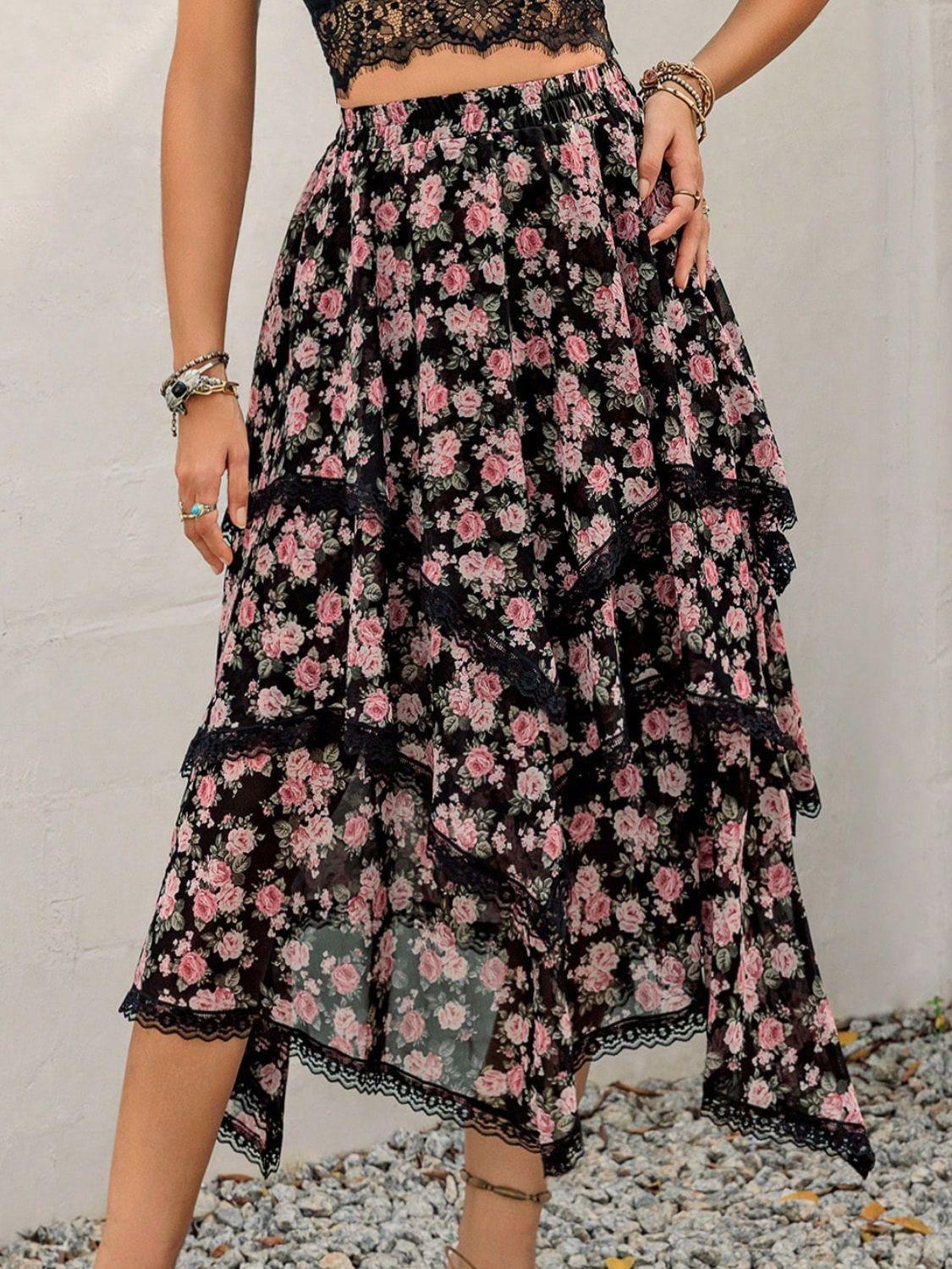 Lace Detail Layered Printed Skirt - Clothes For Her Online Store