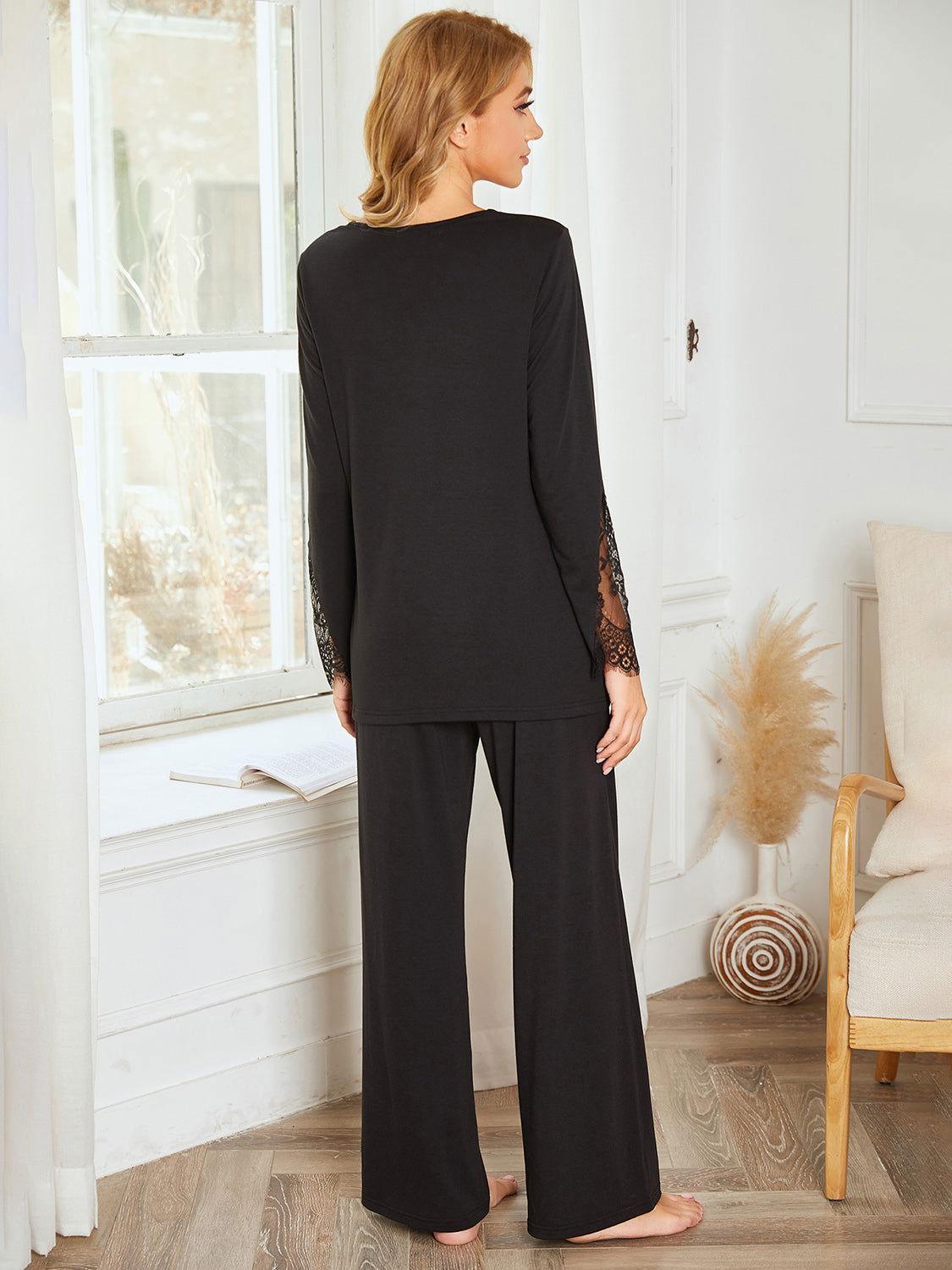 Lace Detail Long Sleeve Top and Pants Lounge Set - Clothes For Her Online Store