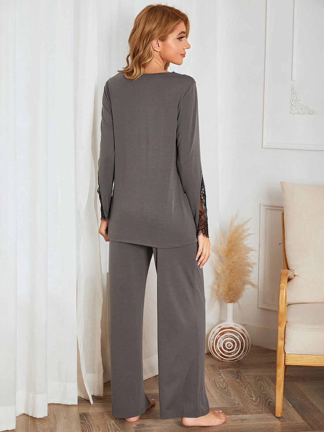 Lace Detail Long Sleeve Top and Pants Lounge Set - Clothes For Her Online Store