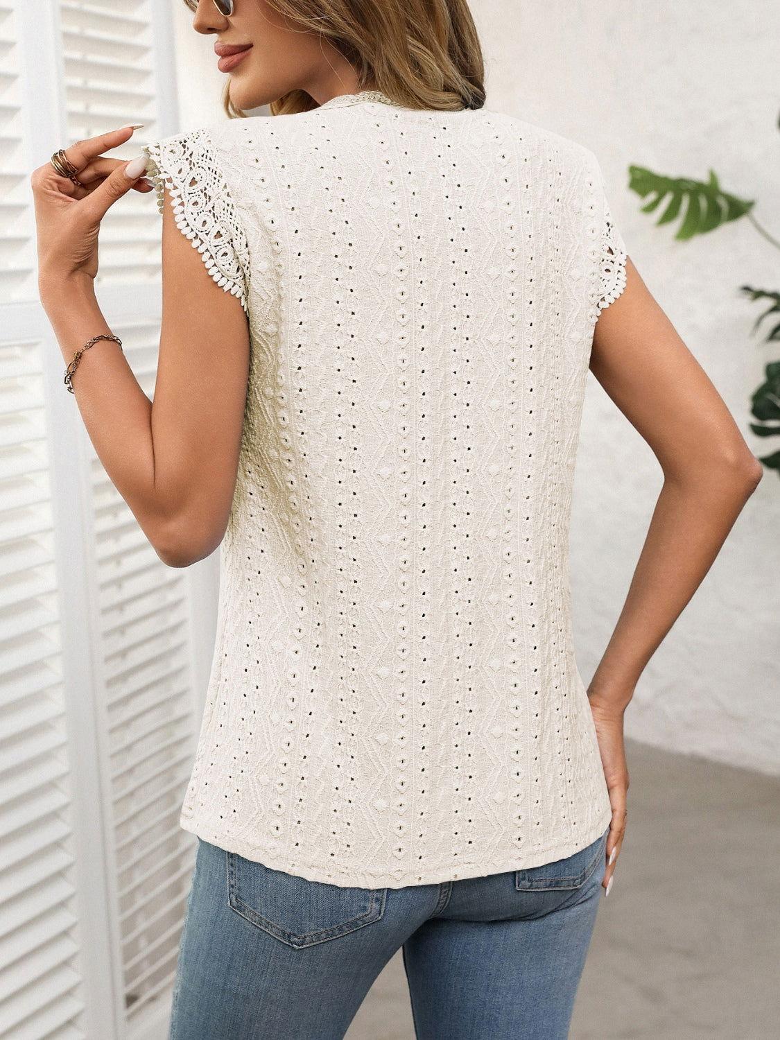 Lace Detail Round Neck Cap Sleeve Top - Clothes For Her Online Store