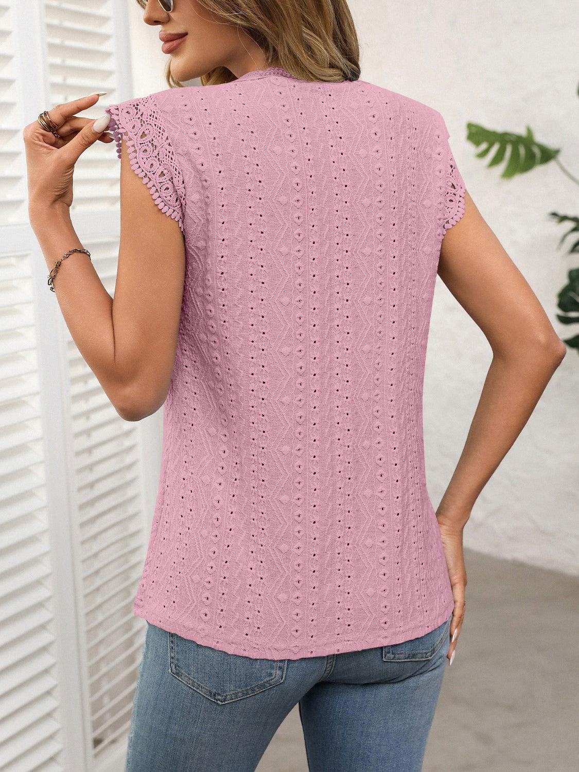 Lace Detail Round Neck Cap Sleeve Top - Clothes For Her Online Store