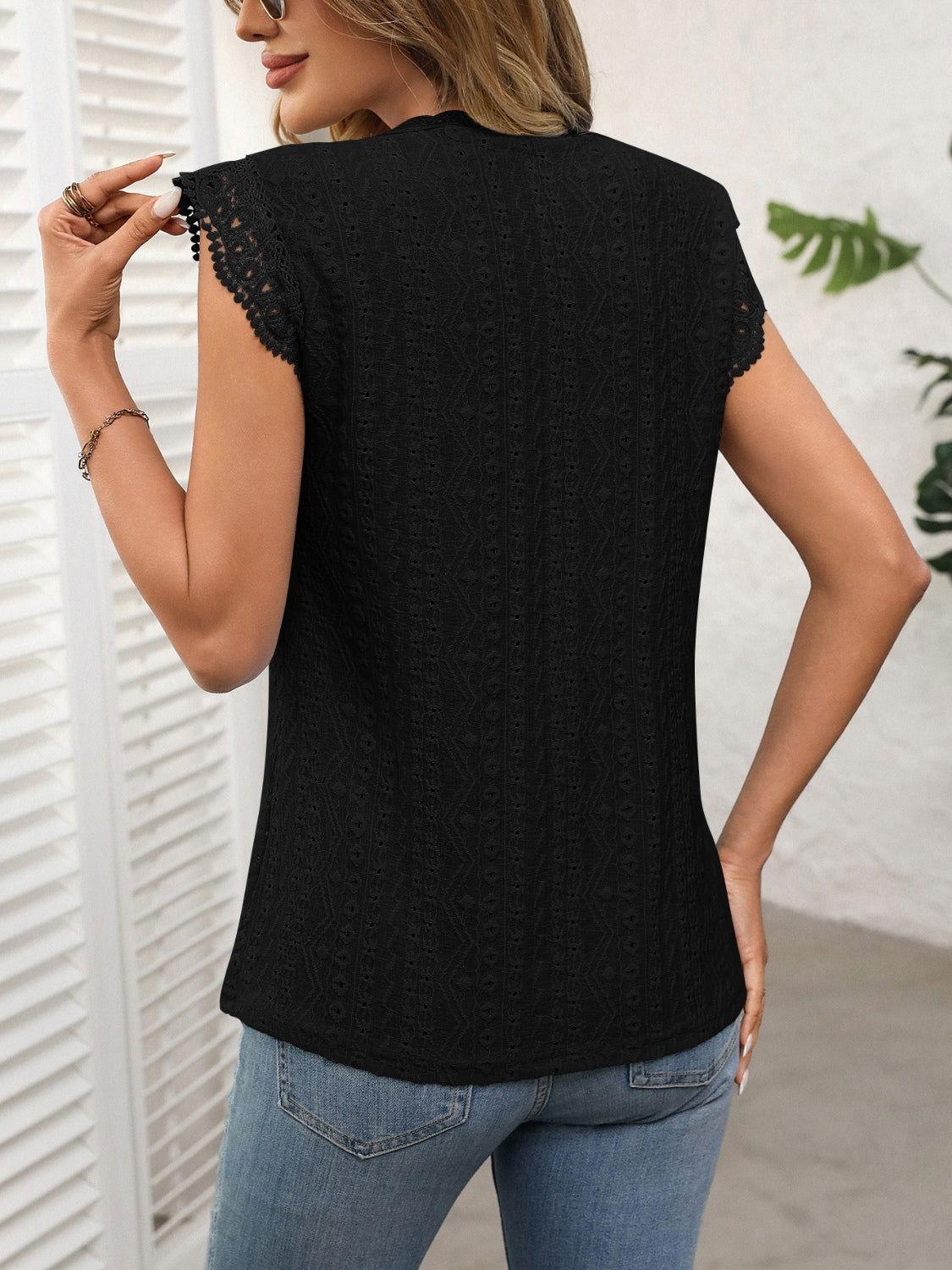 Lace Detail Round Neck Cap Sleeve Top - Clothes For Her Online Store