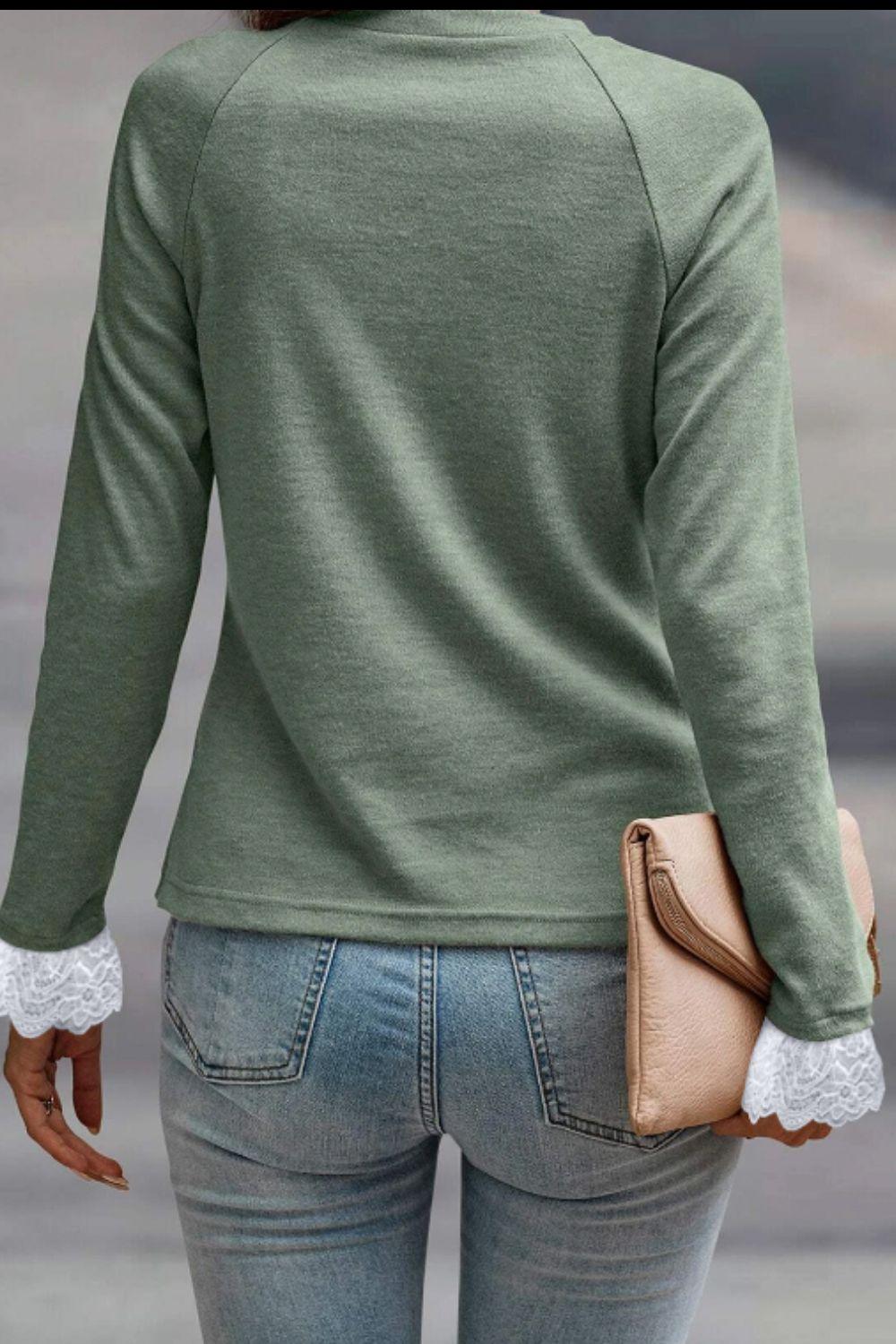 Lace Detail Round Neck Long Sleeve T-Shirt - Clothes For Her Online Store