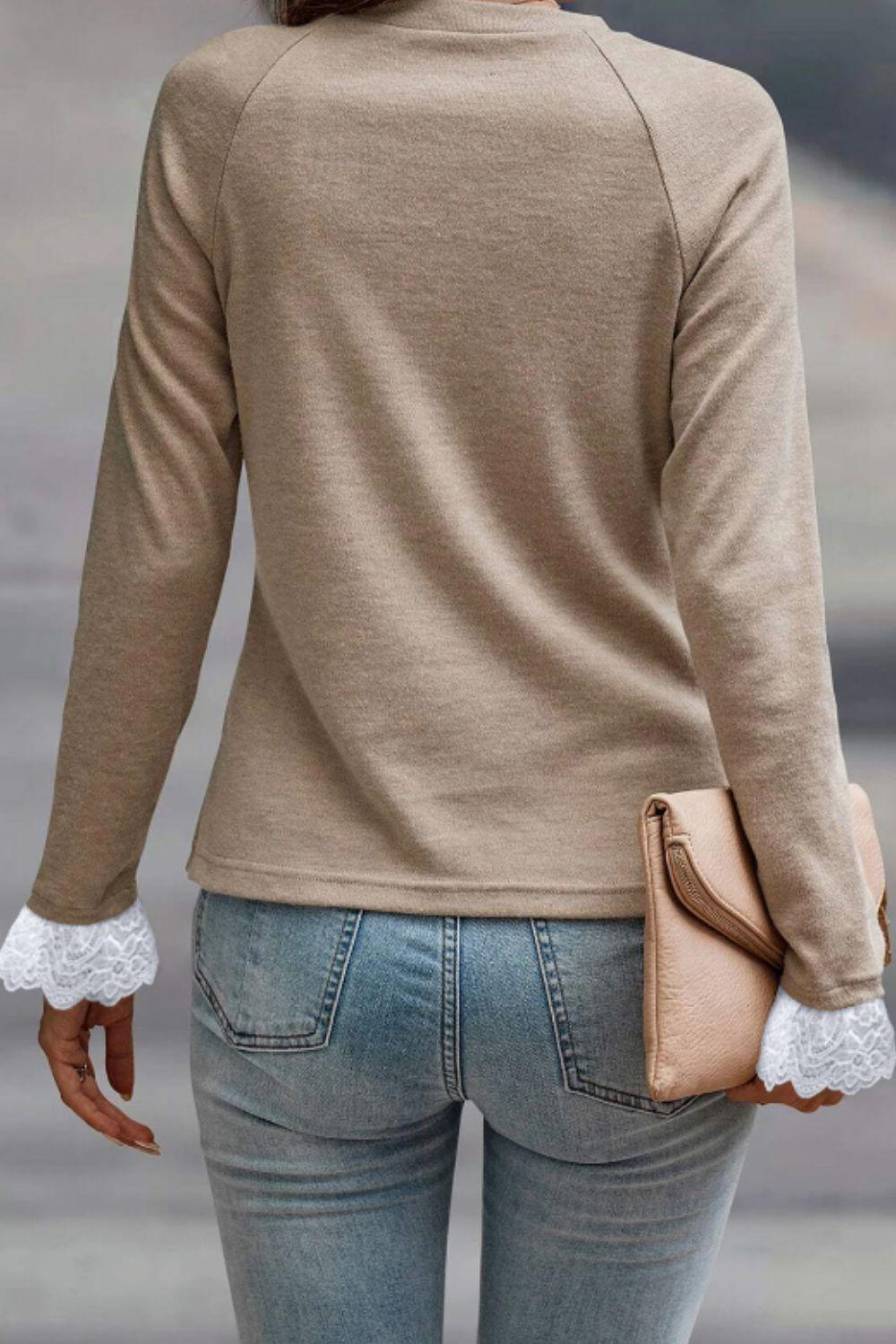 Lace Detail Round Neck Long Sleeve T-Shirt - Clothes For Her Online Store