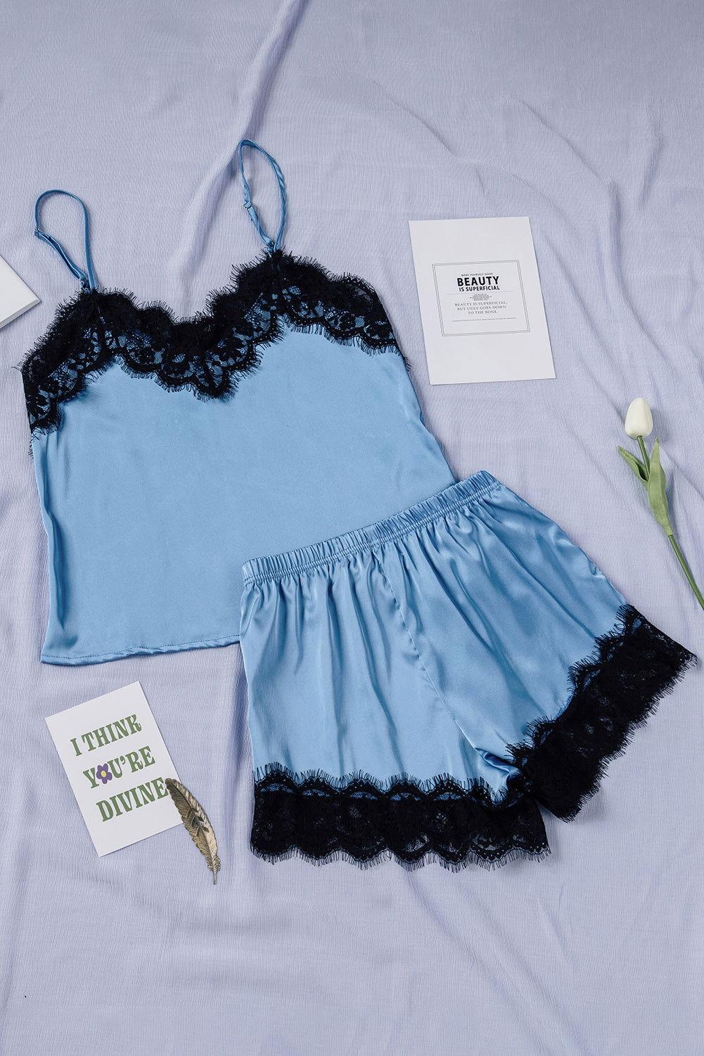 Lace Detail Spaghetti Strap Top and Shorts Lounge Set - Clothes For Her Online Store