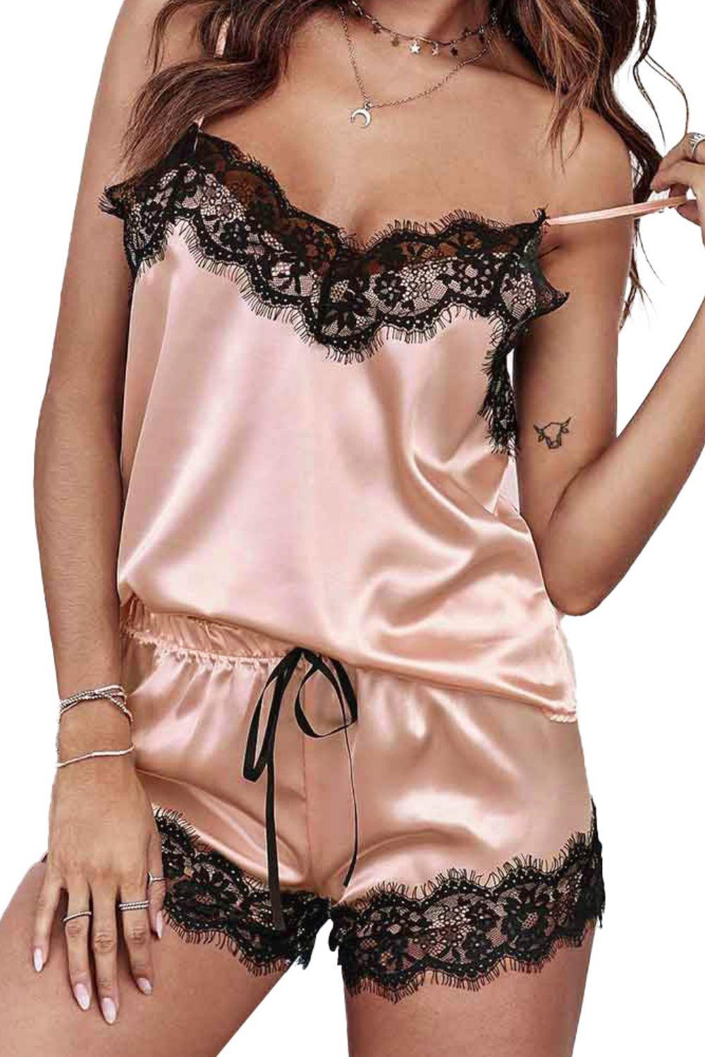 Lace Detail Spaghetti Strap Top and Shorts Lounge Set - Clothes For Her Online Store