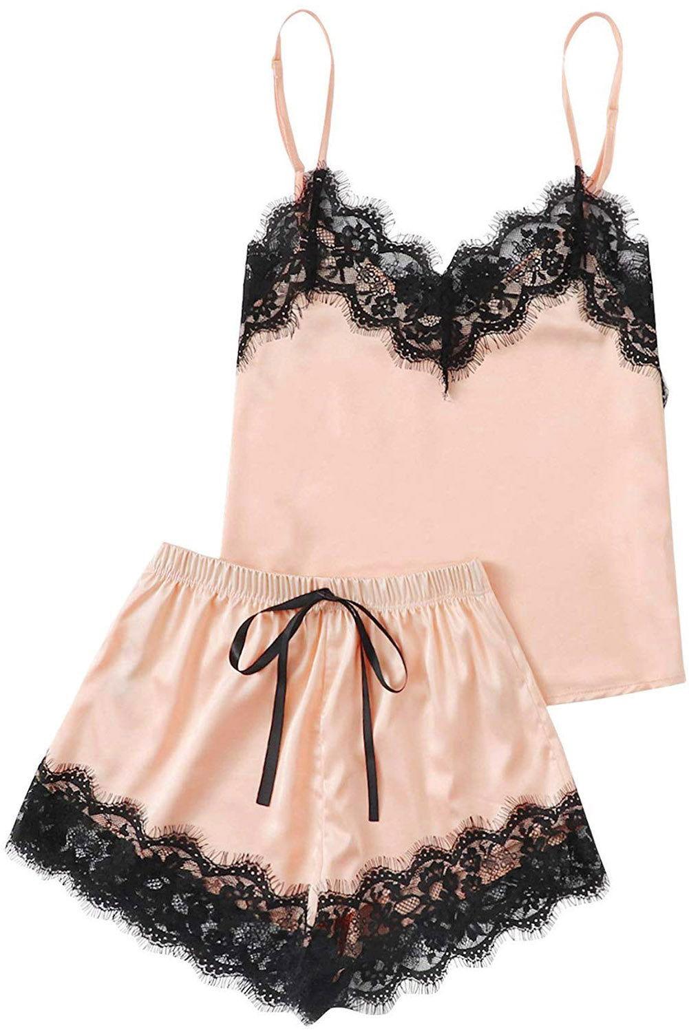 Lace Detail Spaghetti Strap Top and Shorts Lounge Set - Clothes For Her Online Store