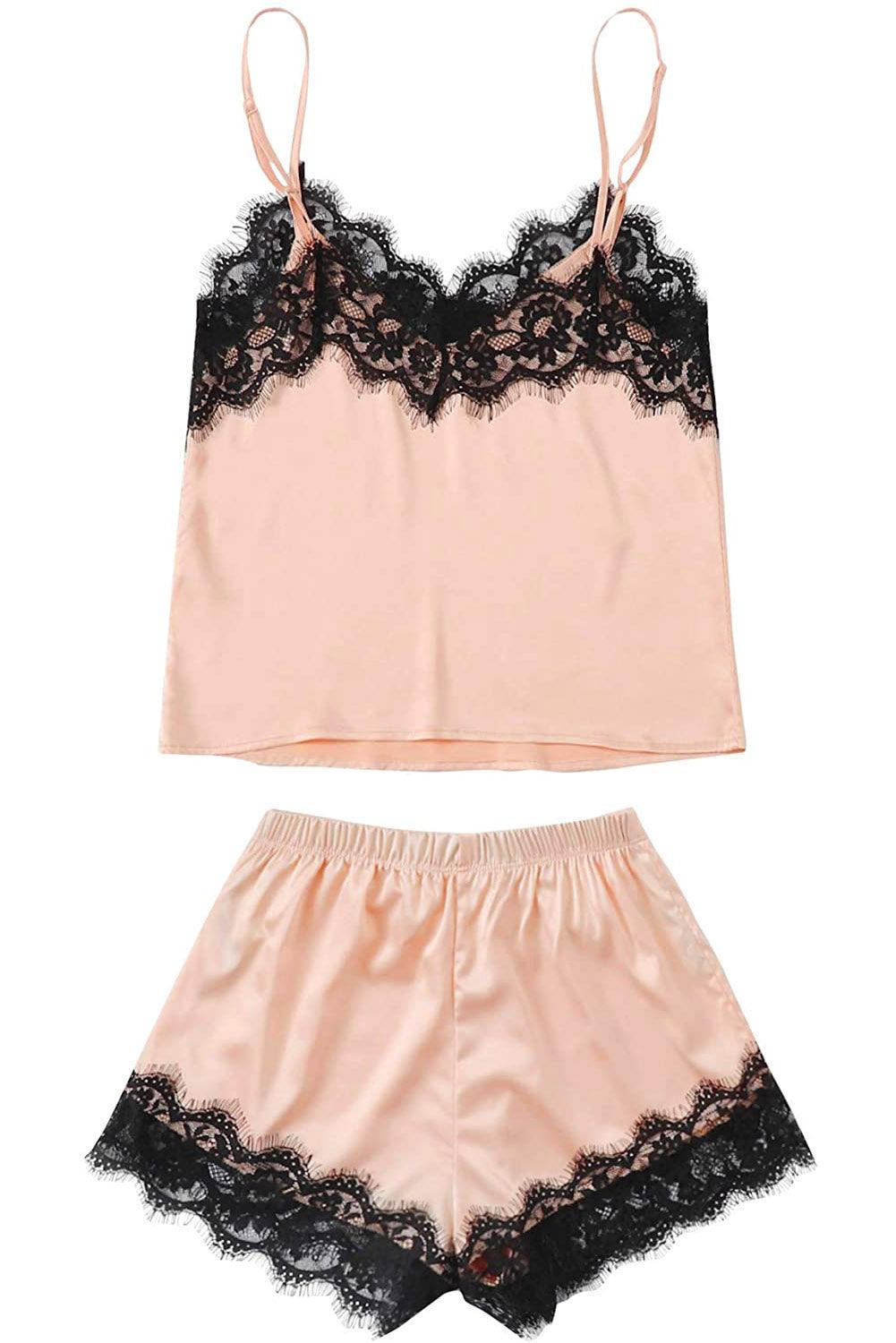 Lace Detail Spaghetti Strap Top and Shorts Lounge Set - Clothes For Her Online Store