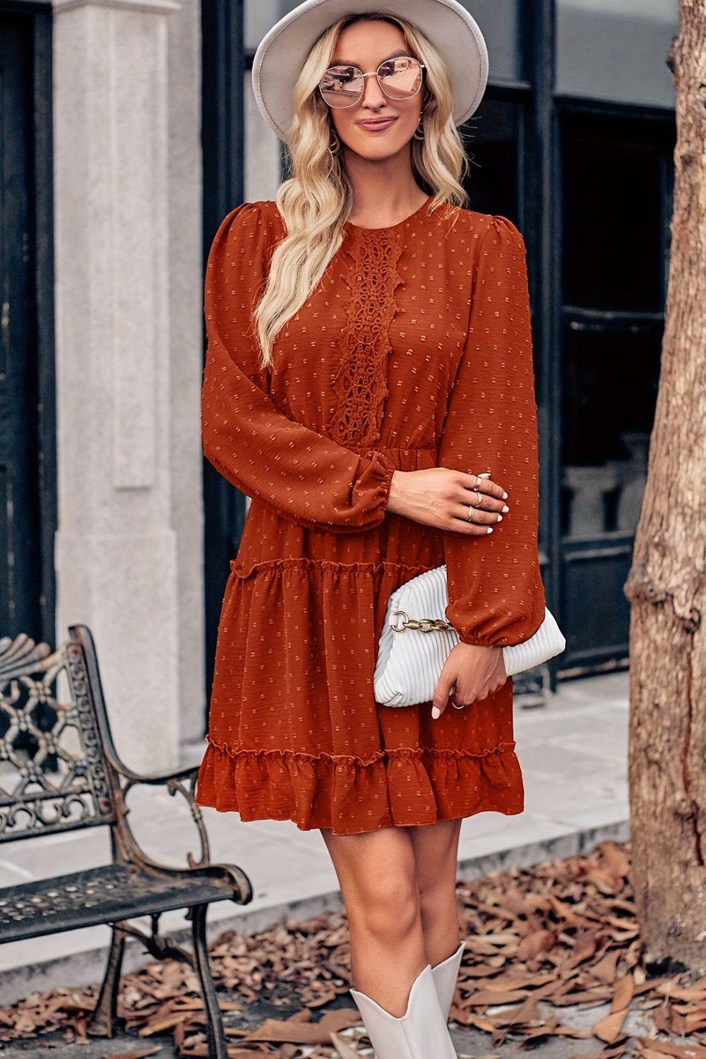 Lace Detail Swiss Dot Round Neck Mini Dress - Clothes For Her Online Store