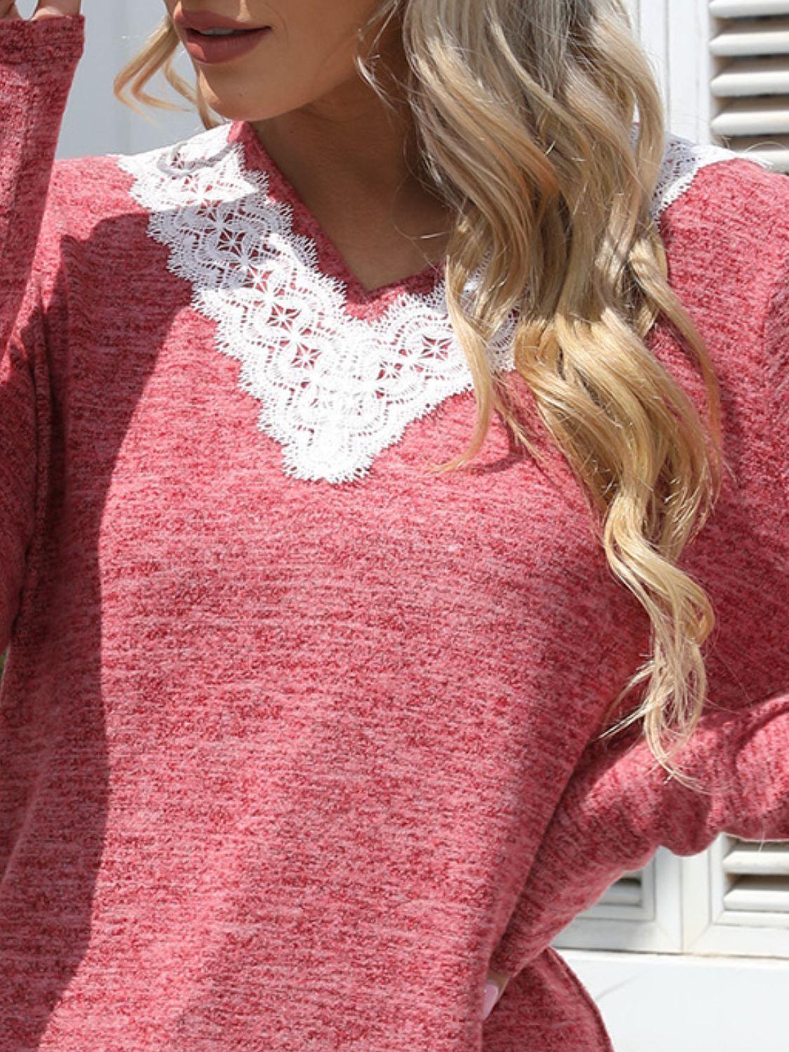 Lace Detail V-Neck Long Sleeve T-Shirt - Clothes For Her Online Store